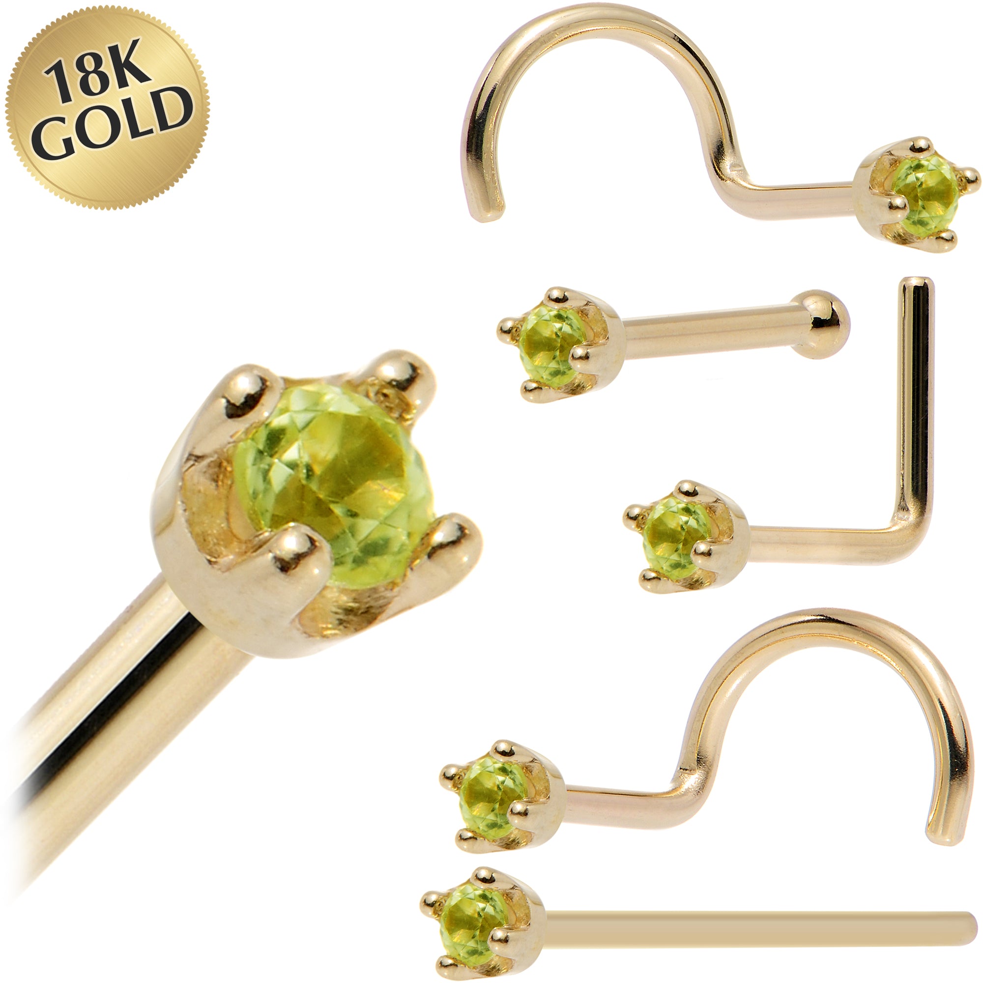 Solid 18KT Yellow Gold (August) 1.5mm Genuine Peridot Nose Ring