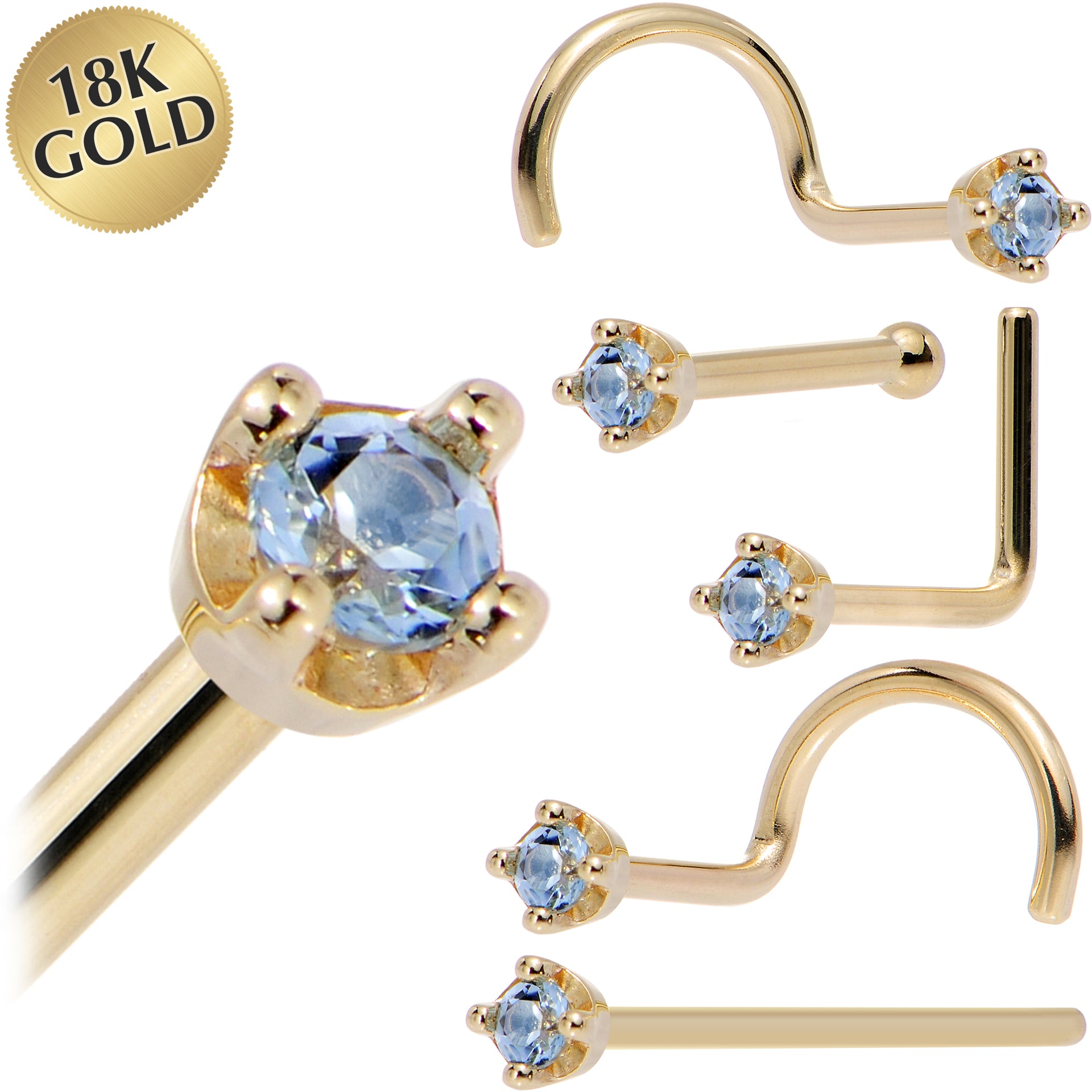 Solid 18KT Yellow Gold December Genuine Topaz Nose Ring 1.5mm