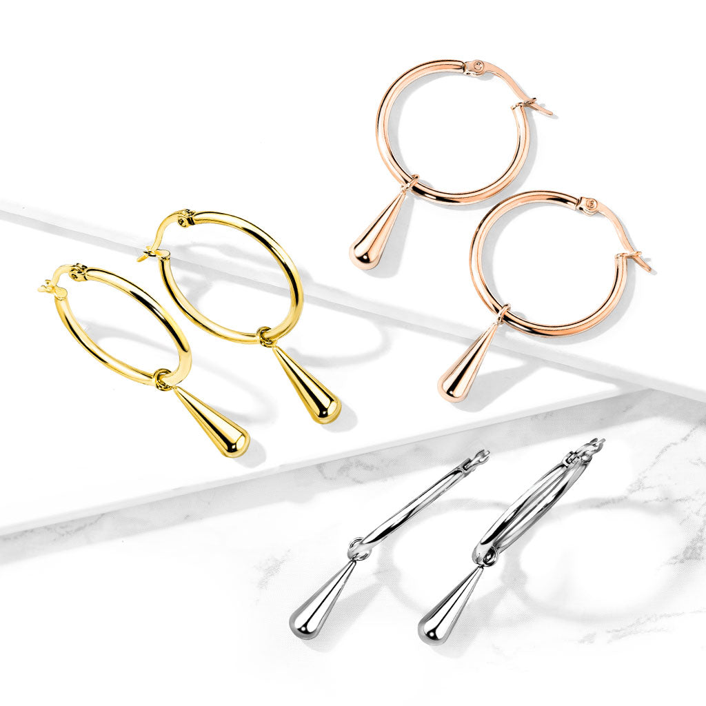 Stainless Steel Hoop Earrings with Teardrop Dangle