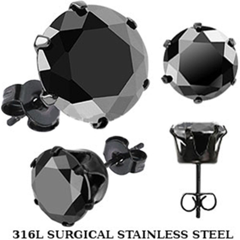 Spikes Stainless Steel Black Round CZ Stud Earrings