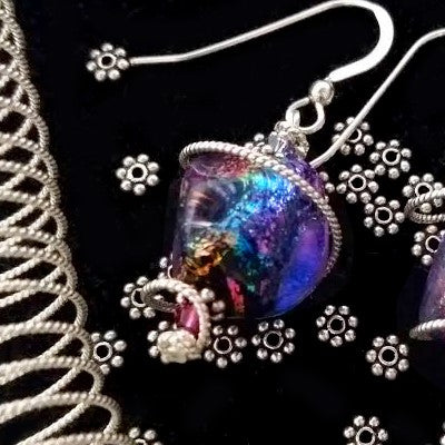 925 Silver Spiral Dichroic Glass Earrings Created with Crystals