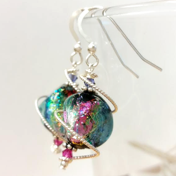 925 Silver Spiral Dichroic Glass Earrings Created with Crystals