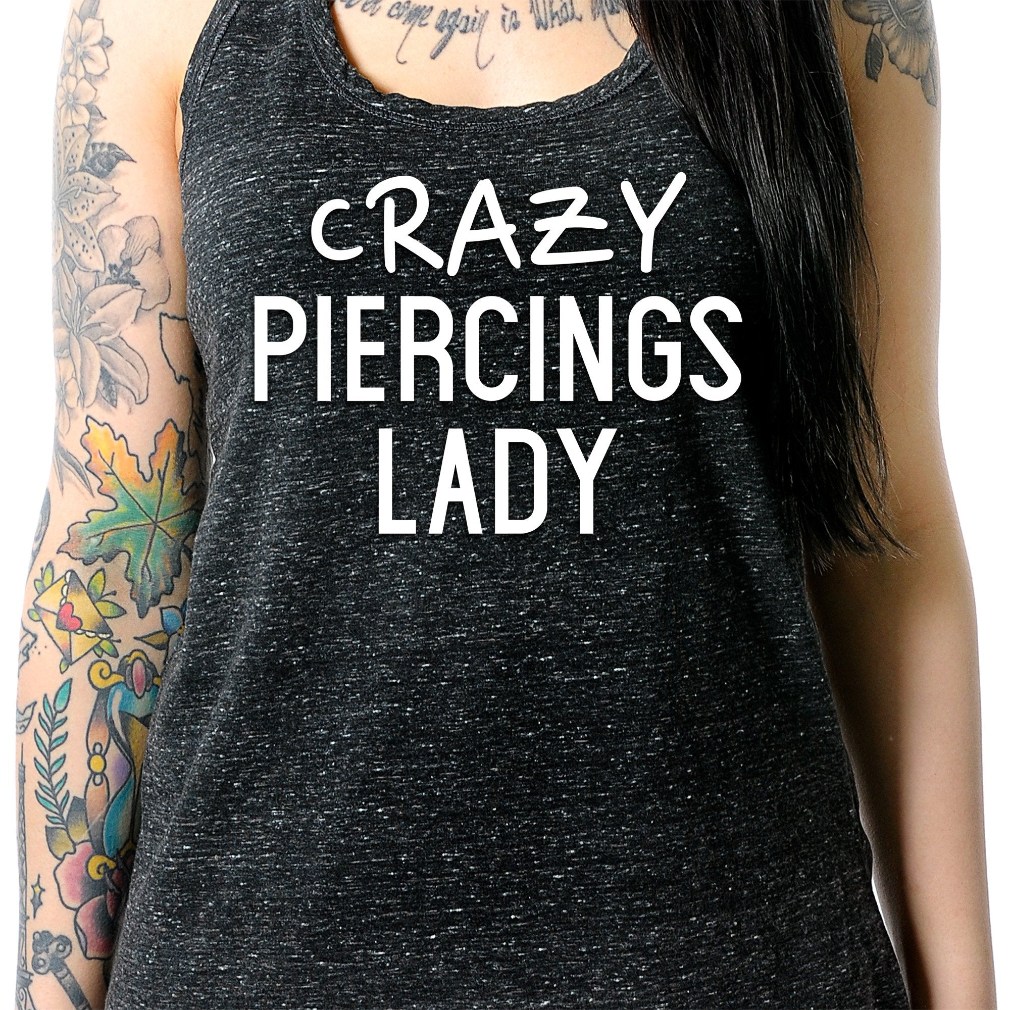 Crazy Piercings Lady Black Gray Cosmic Twist Back Tank Top