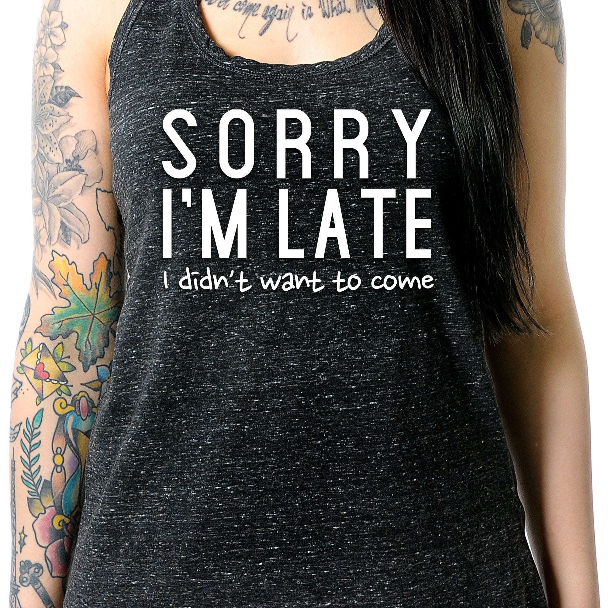 Sorry I'm Late, I Didn't Want To Come Black Gray Cosmic Twist Back Tank Top