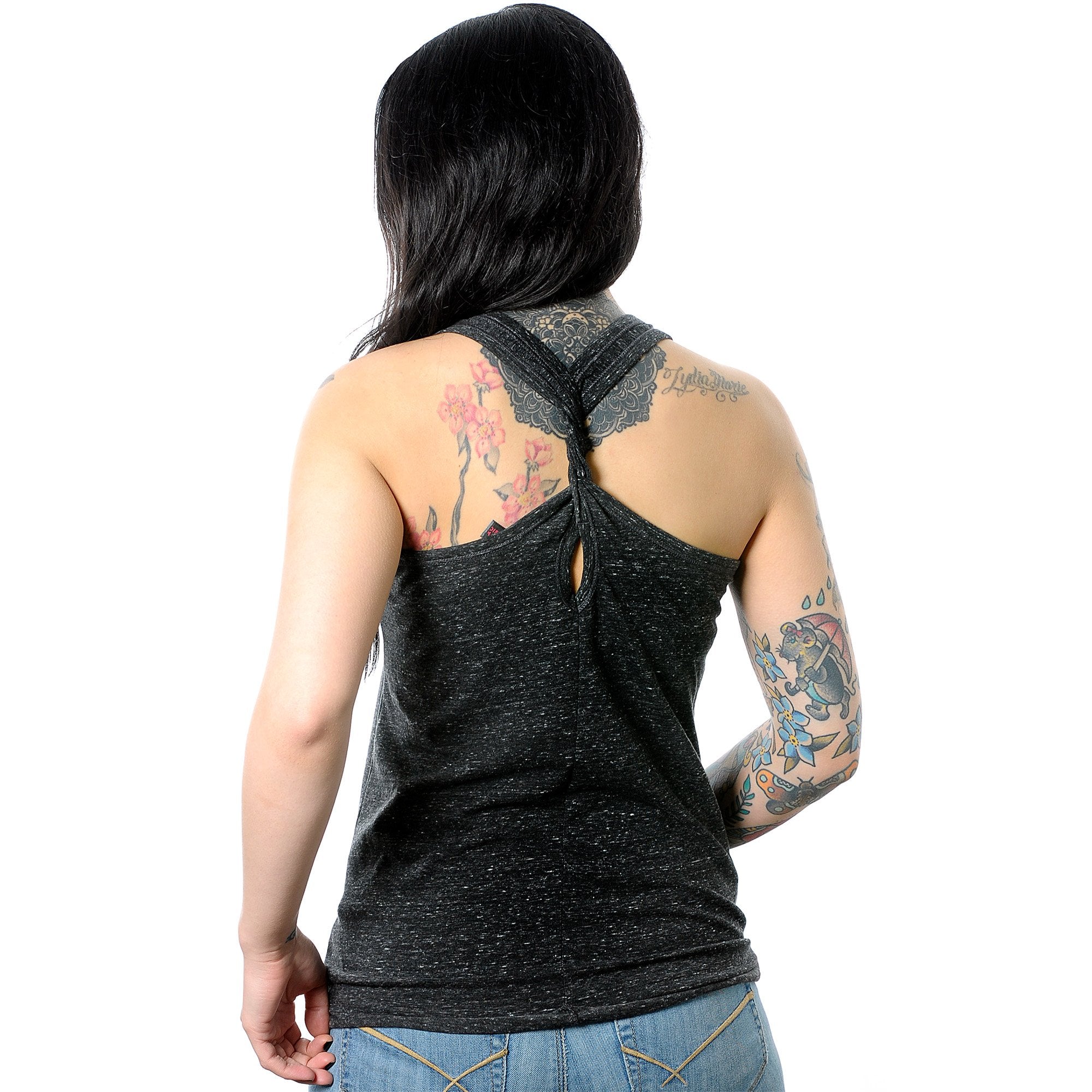 Peace Love & Piercings Black Gray Cosmic Twist Back Tank Top