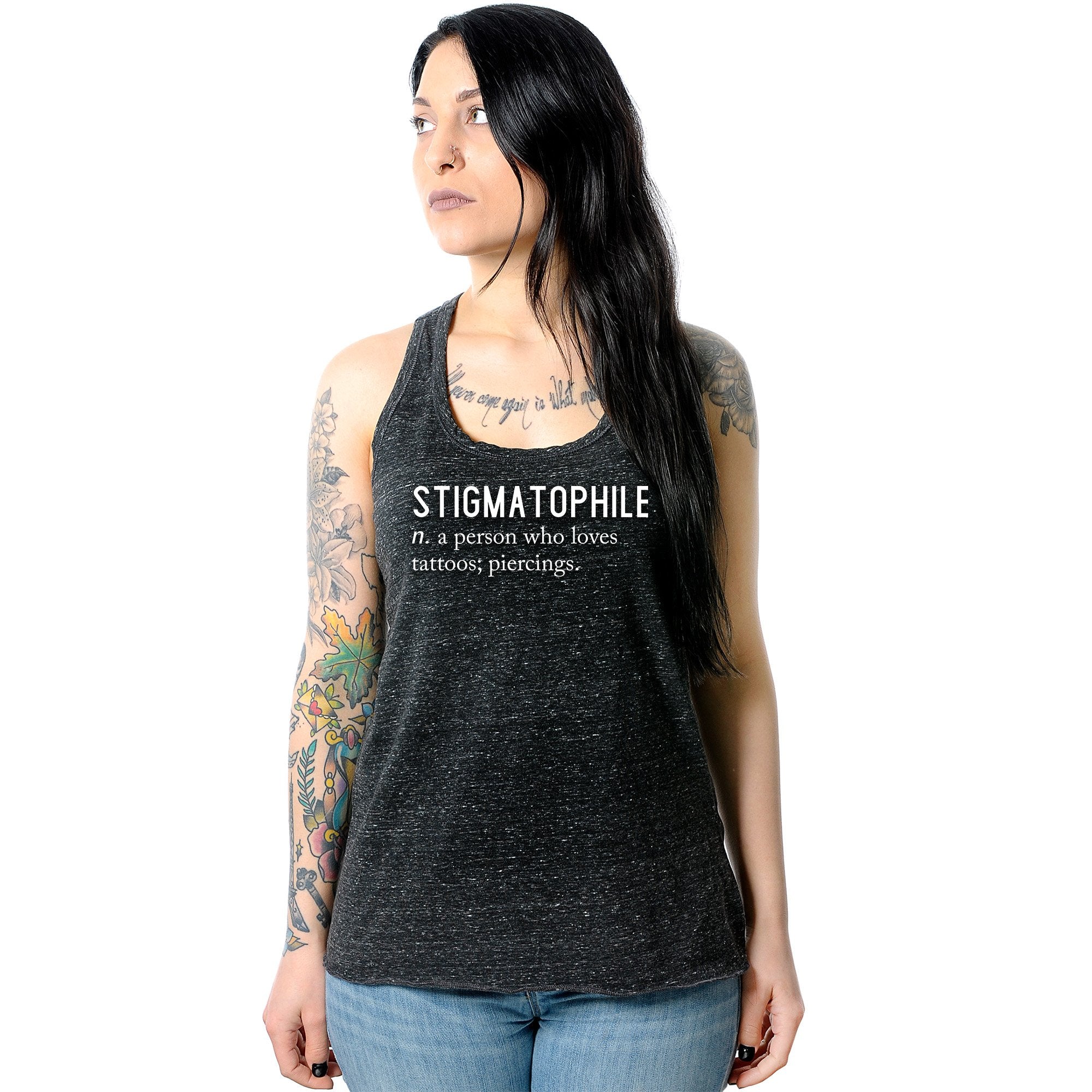 Stigmatophile n. a person who loves tattoos; piercings. Black Gray Cosmic Twist Back Tank Top