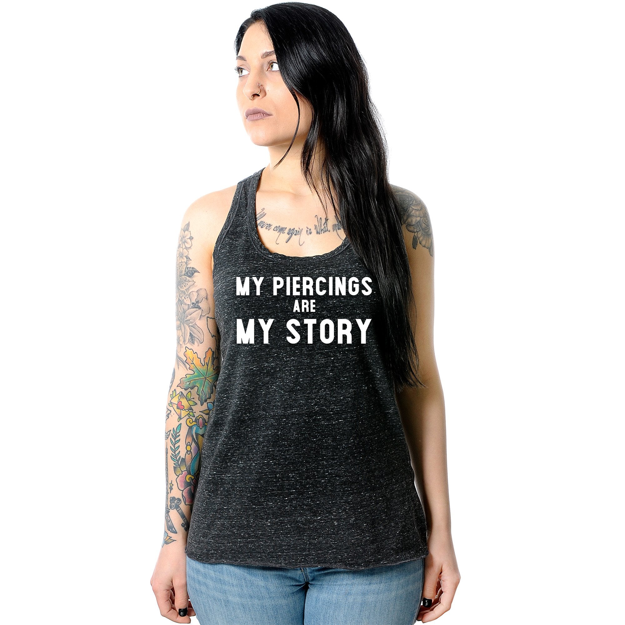 My Piercings Are My Story Black Gray Cosmic Twist Back Tank Top