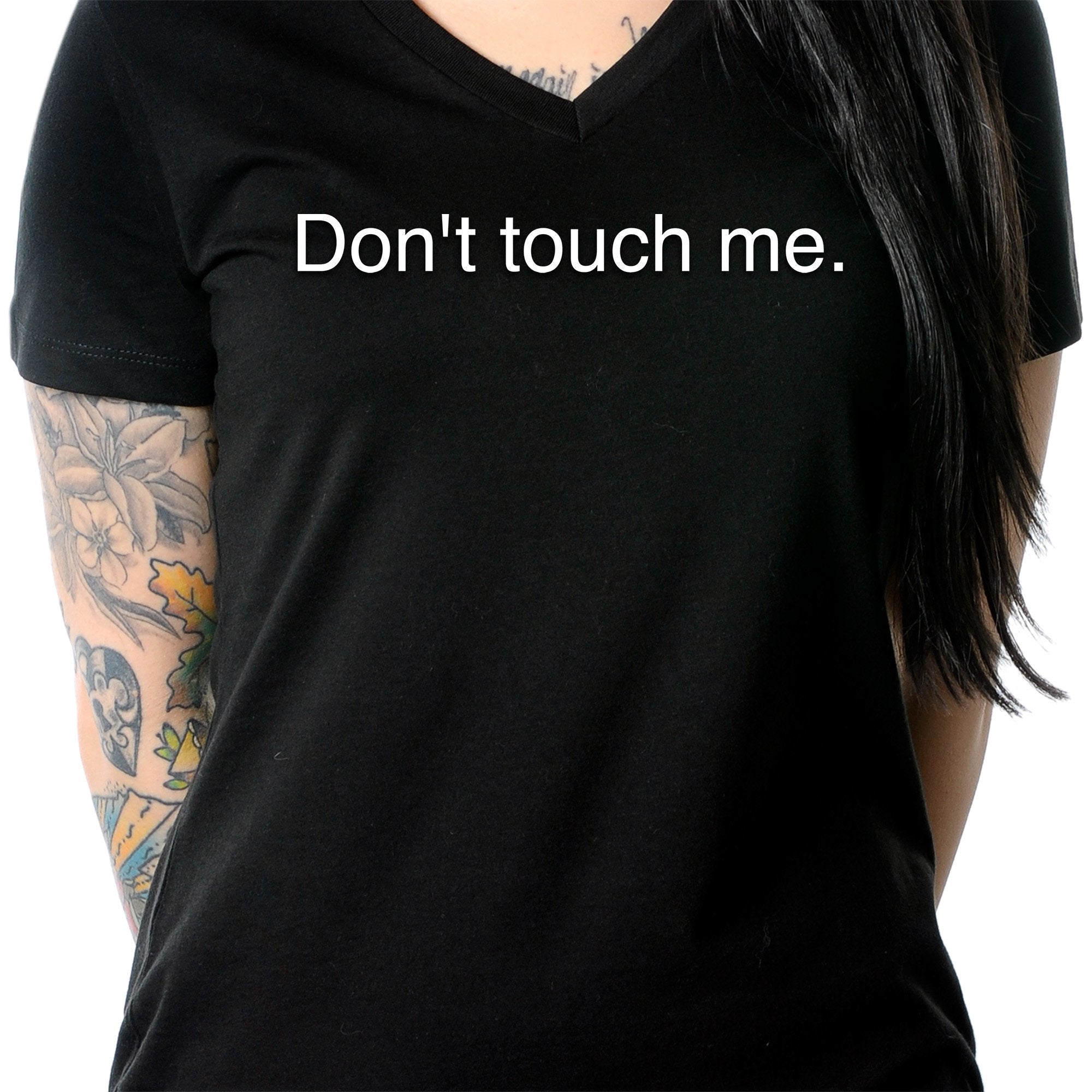 Don't Touch Me Black Tapered V-Neck Tee Shirt