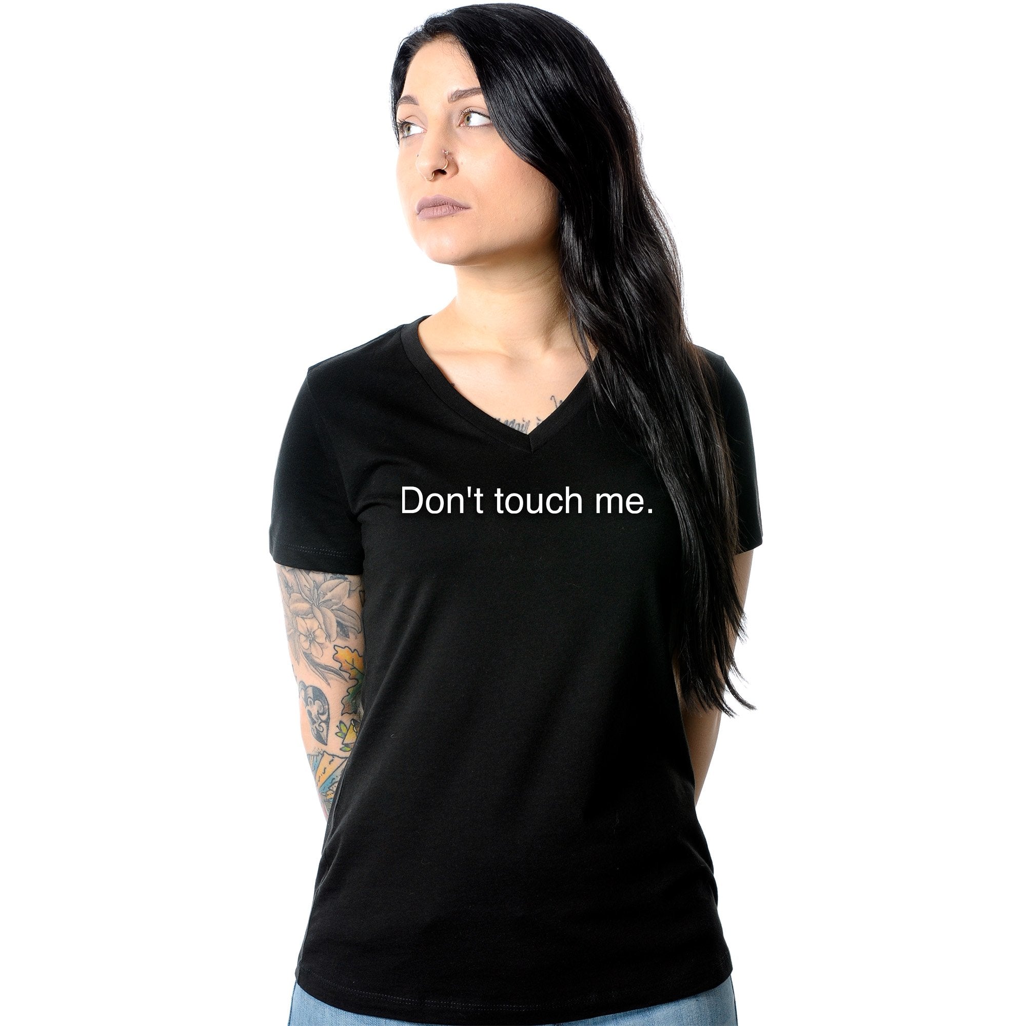 Don't Touch Me Black Tapered V-Neck Tee Shirt