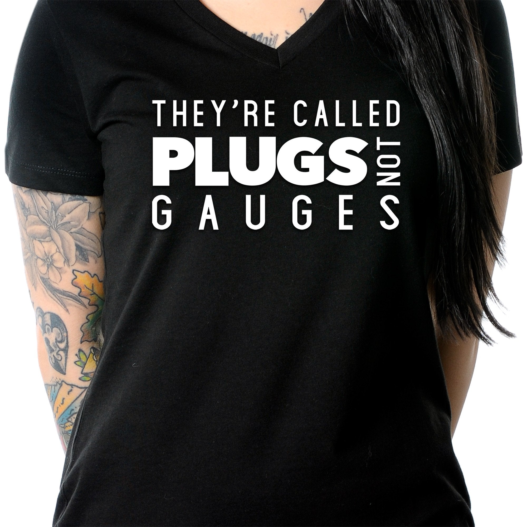 They're Called Plugs NotGs Black Tapered V-Neck Tee Shirt