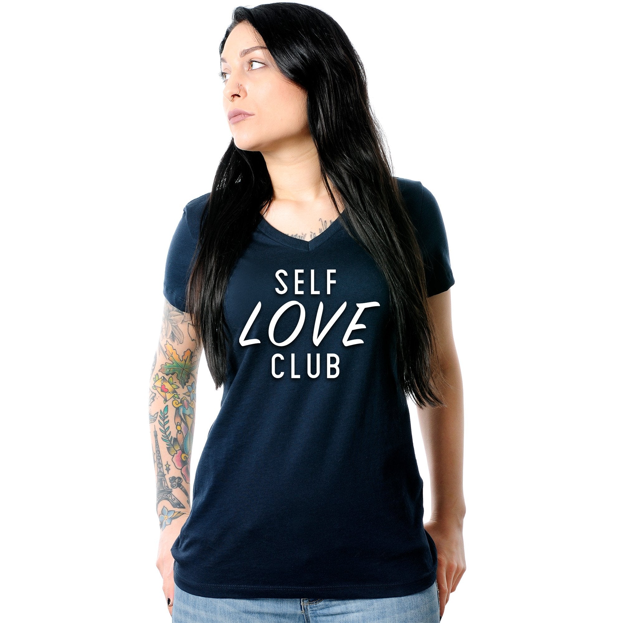 Self Love Club Black Tapered V-Neck Tee Shirt