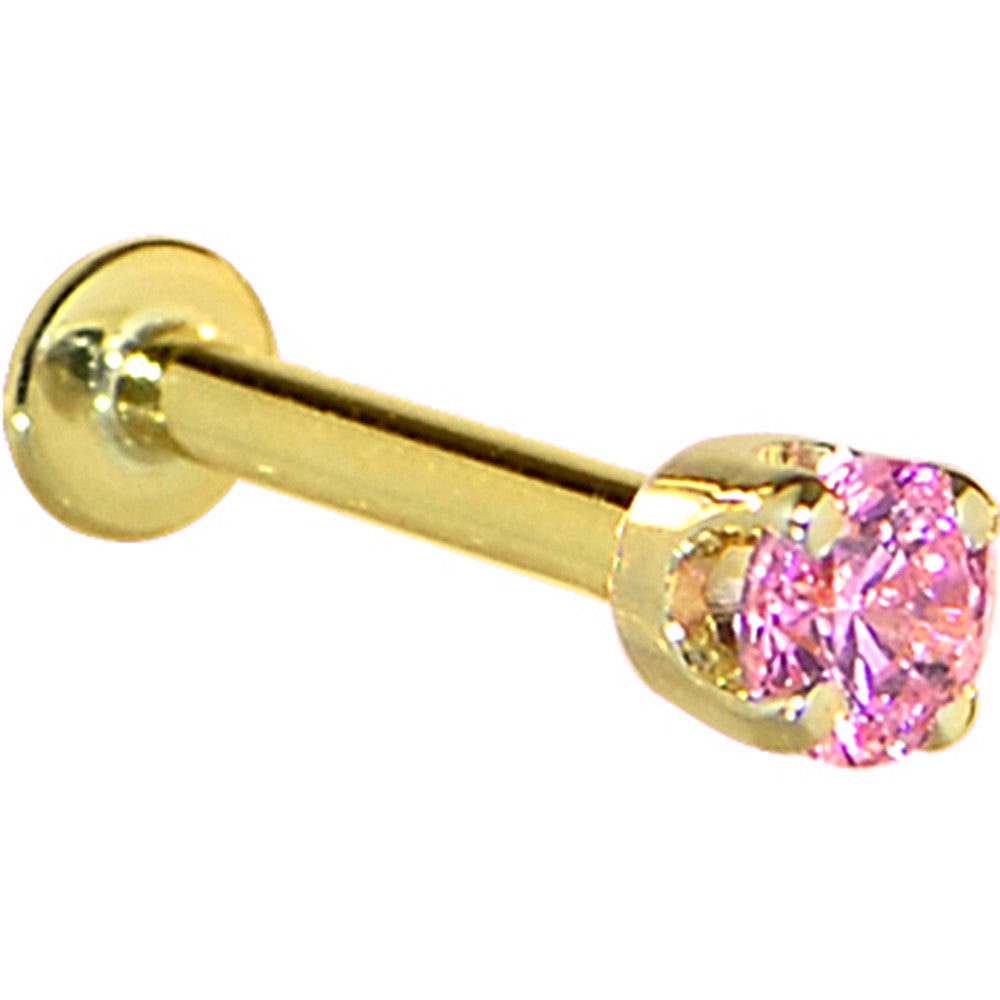 16 Gauge Solid 14KT Yellow Gold 3mm Pink Cubic Zirconia Tragus Earring Stud