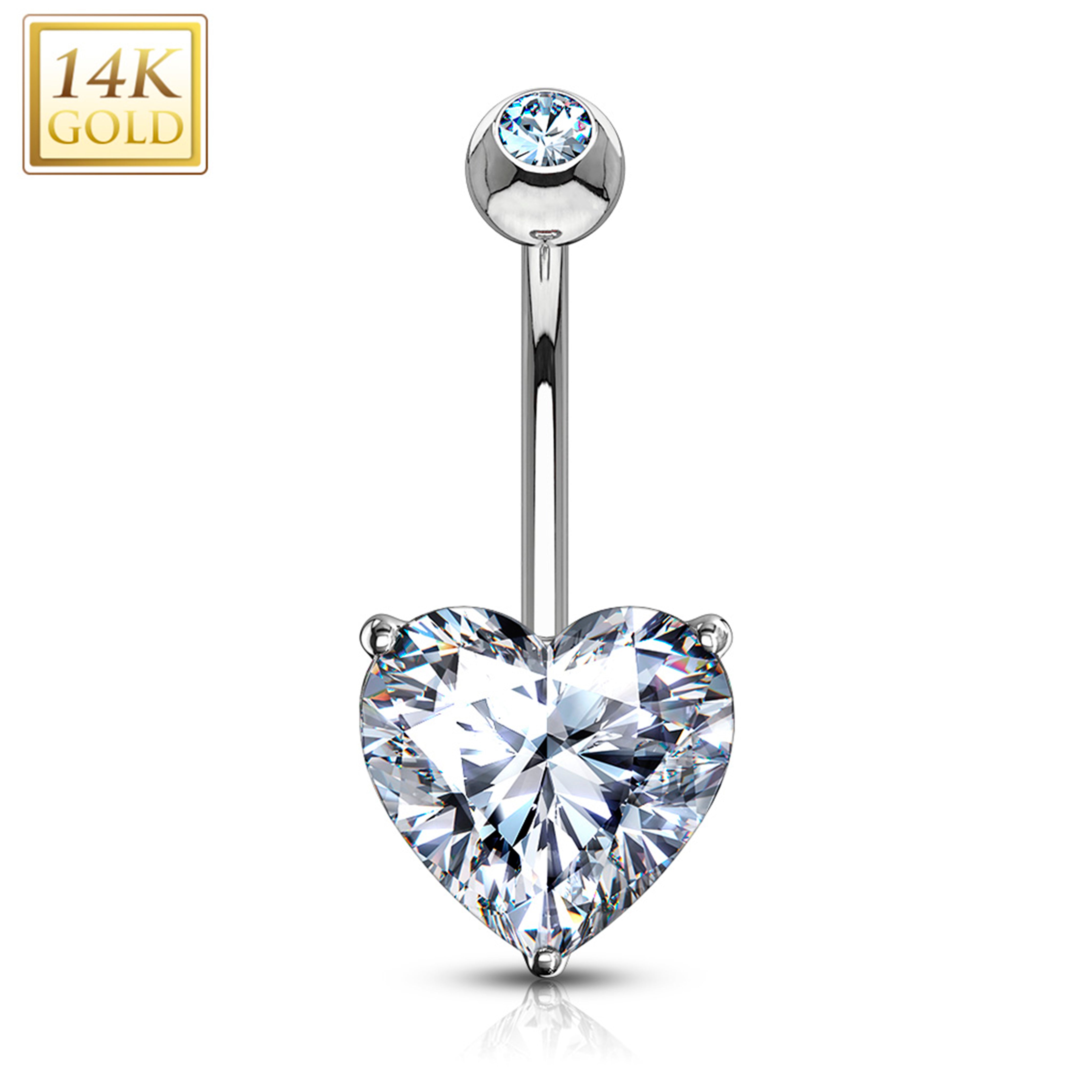 14kt Solid White Gold Prong Set Clear 6mm CZ Heart Belly Ring