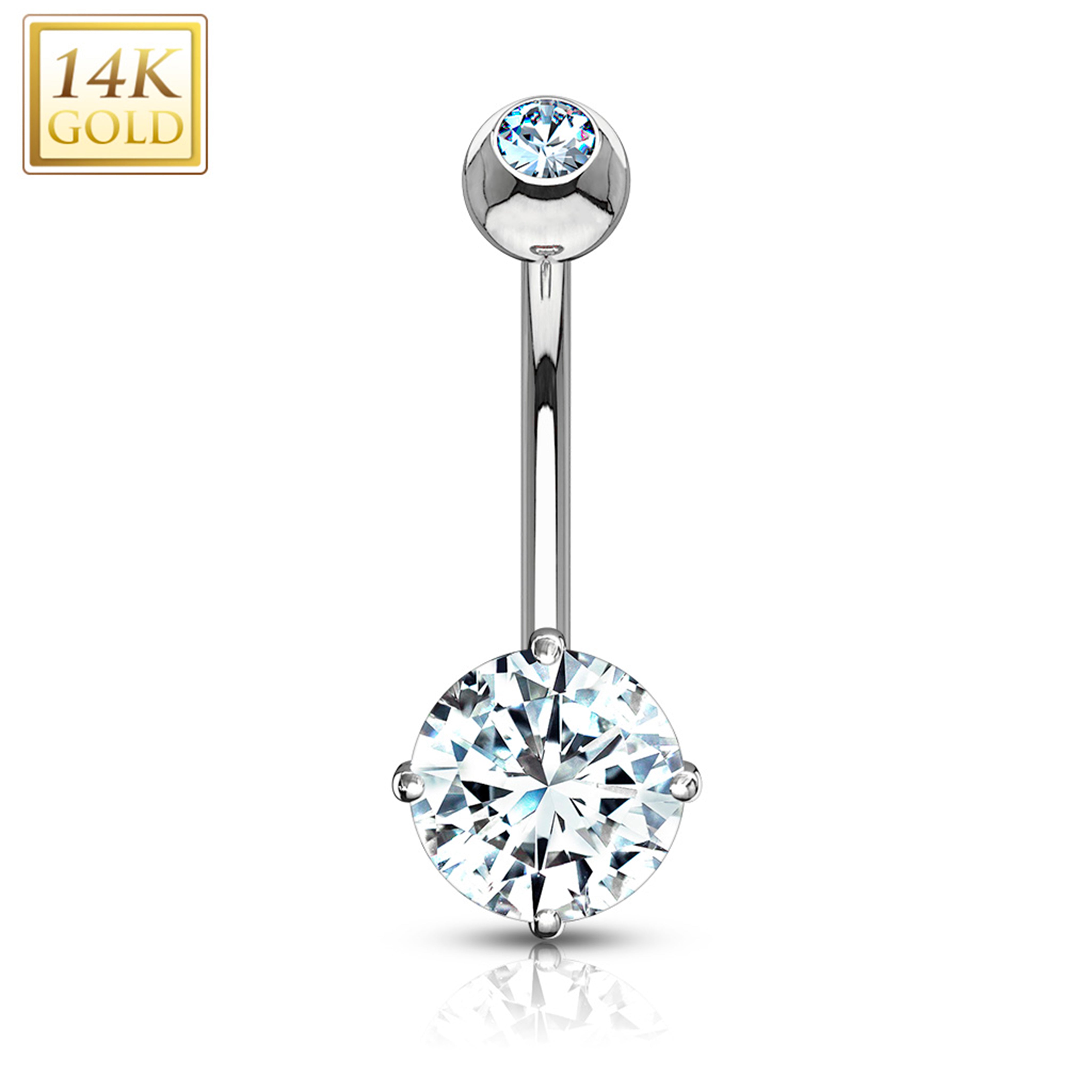 14kt Solid White Gold 4-Prong Set 6mm CZ Belly Ring