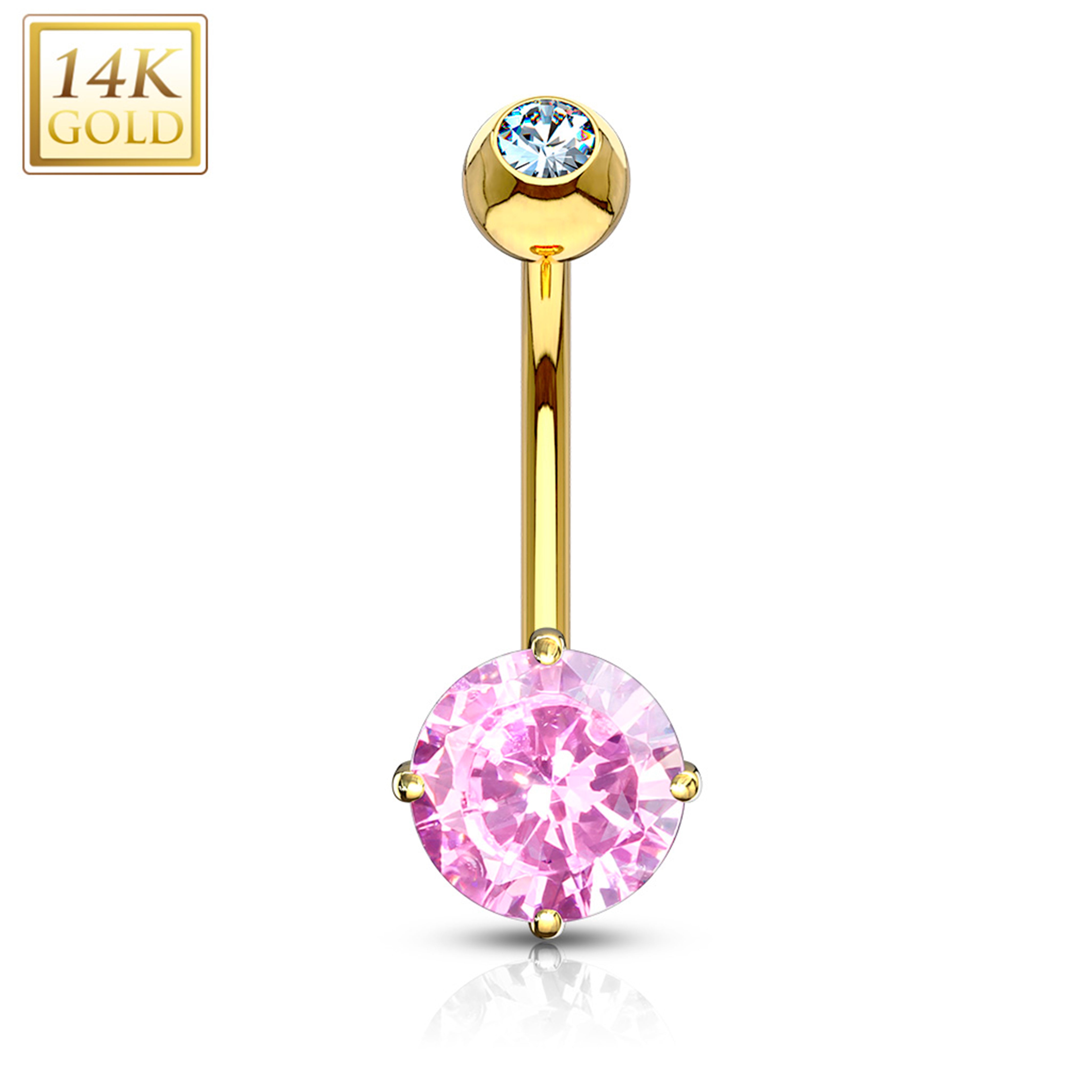 14kt Solid Yellow Gold 4-Prong Set Pink 6mm CZ Belly Ring