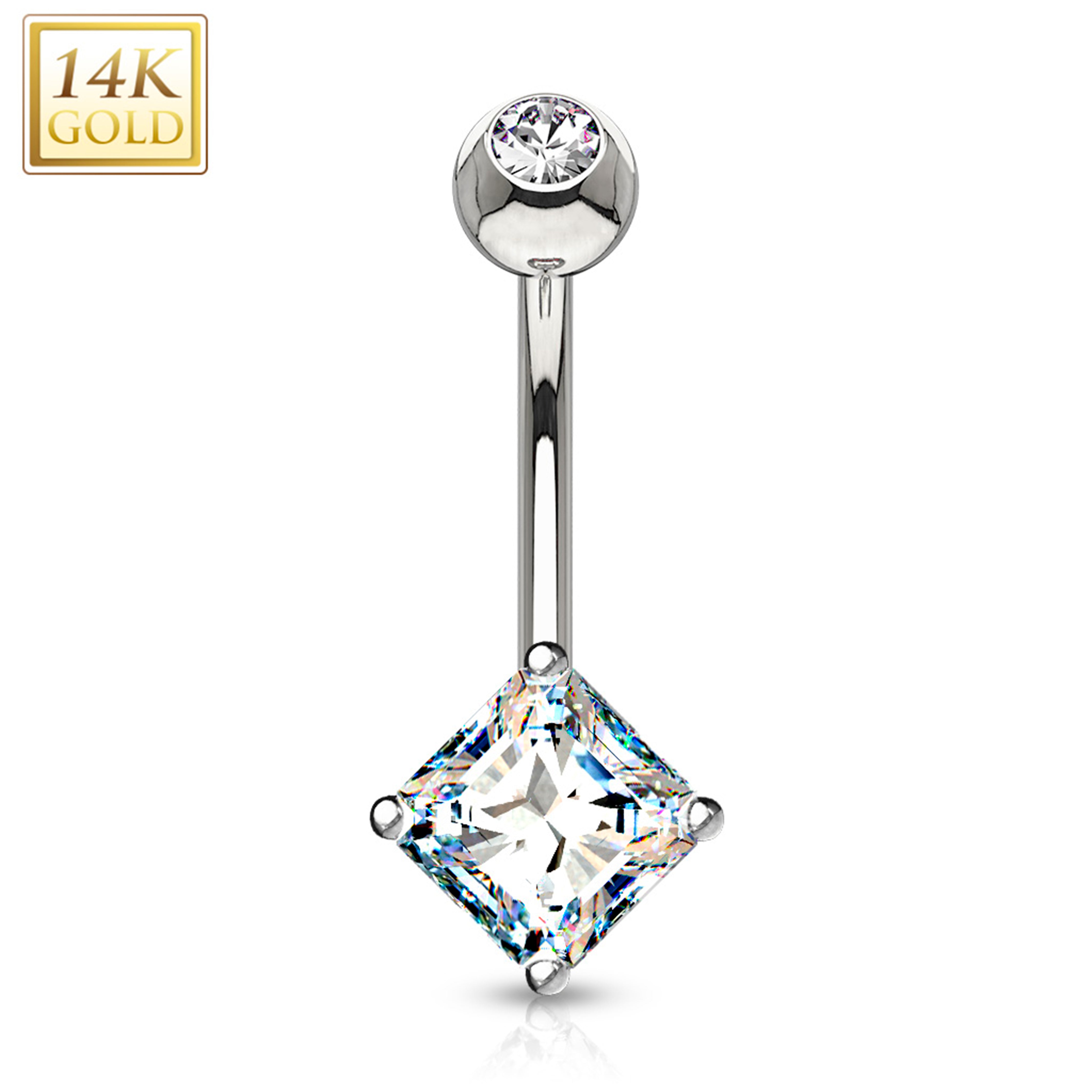 14k Solid White Gold Prong Set 5mm Princess Cut CZ Belly Ring