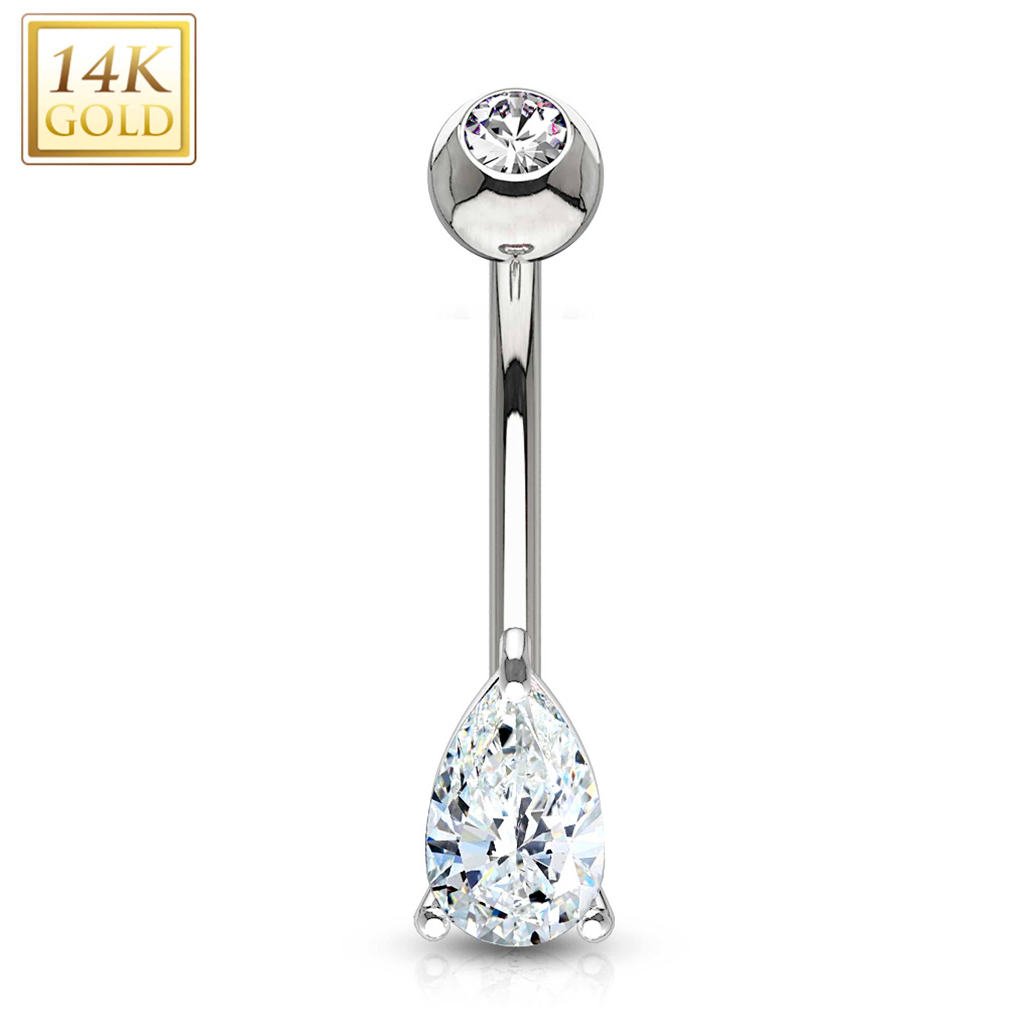 14kt Solid White Gold 6mm CZ Deluxe Tear Drop Belly Ring
