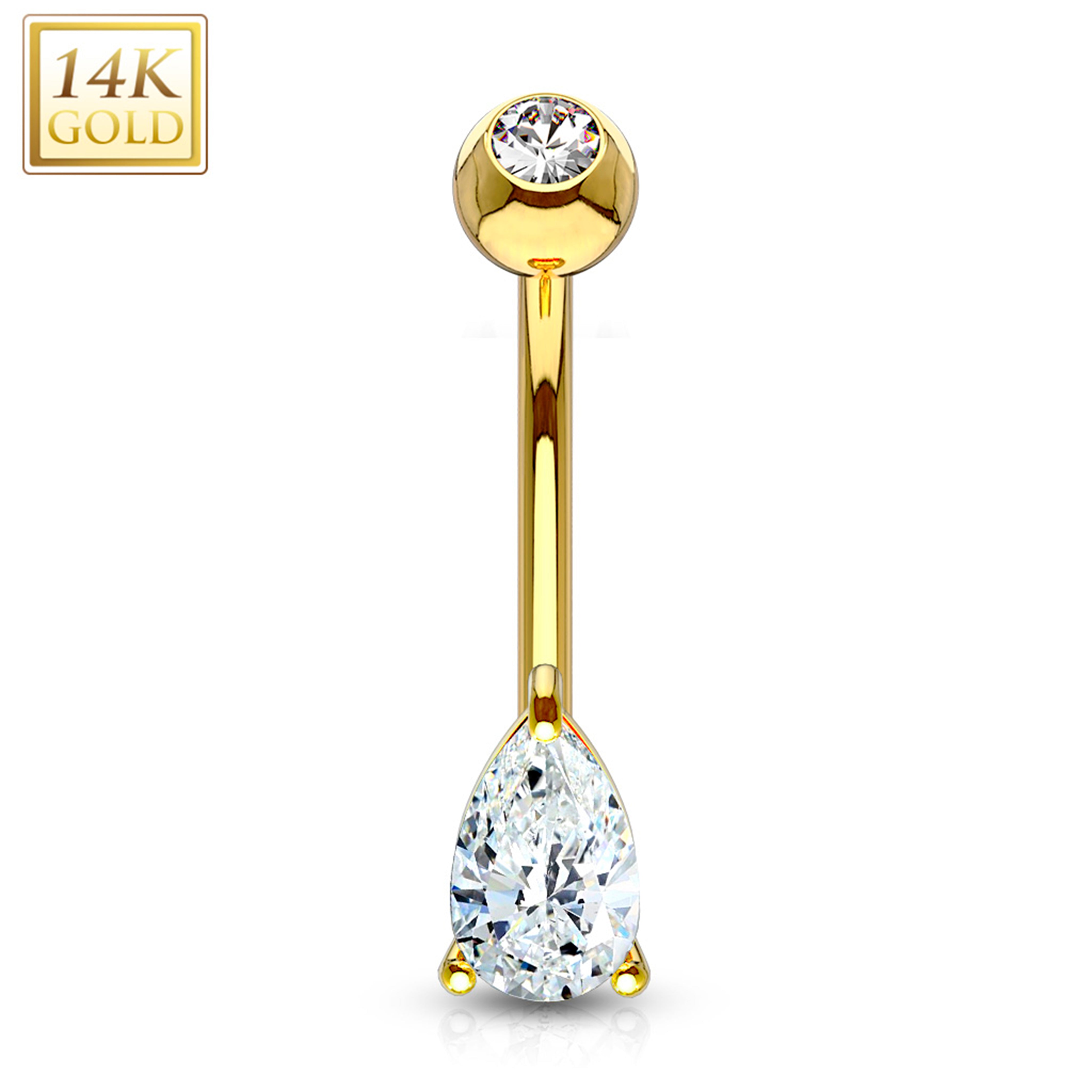14kt Solid Yellow Gold 6mm CZ Deluxe Tear Drop Belly Ring