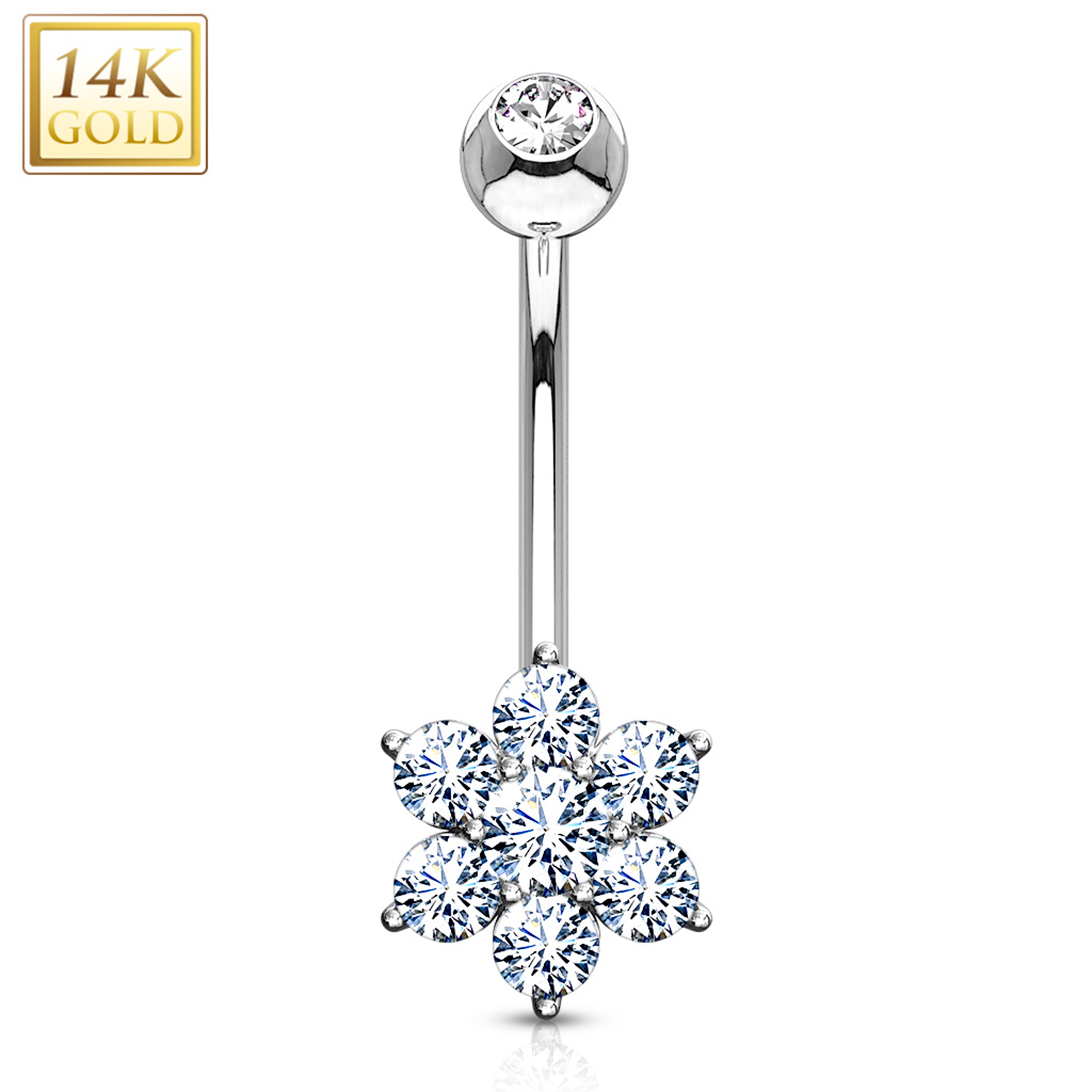 14kt Solid White Gold Fancy Cubic Zirconia Flower Belly Ring
