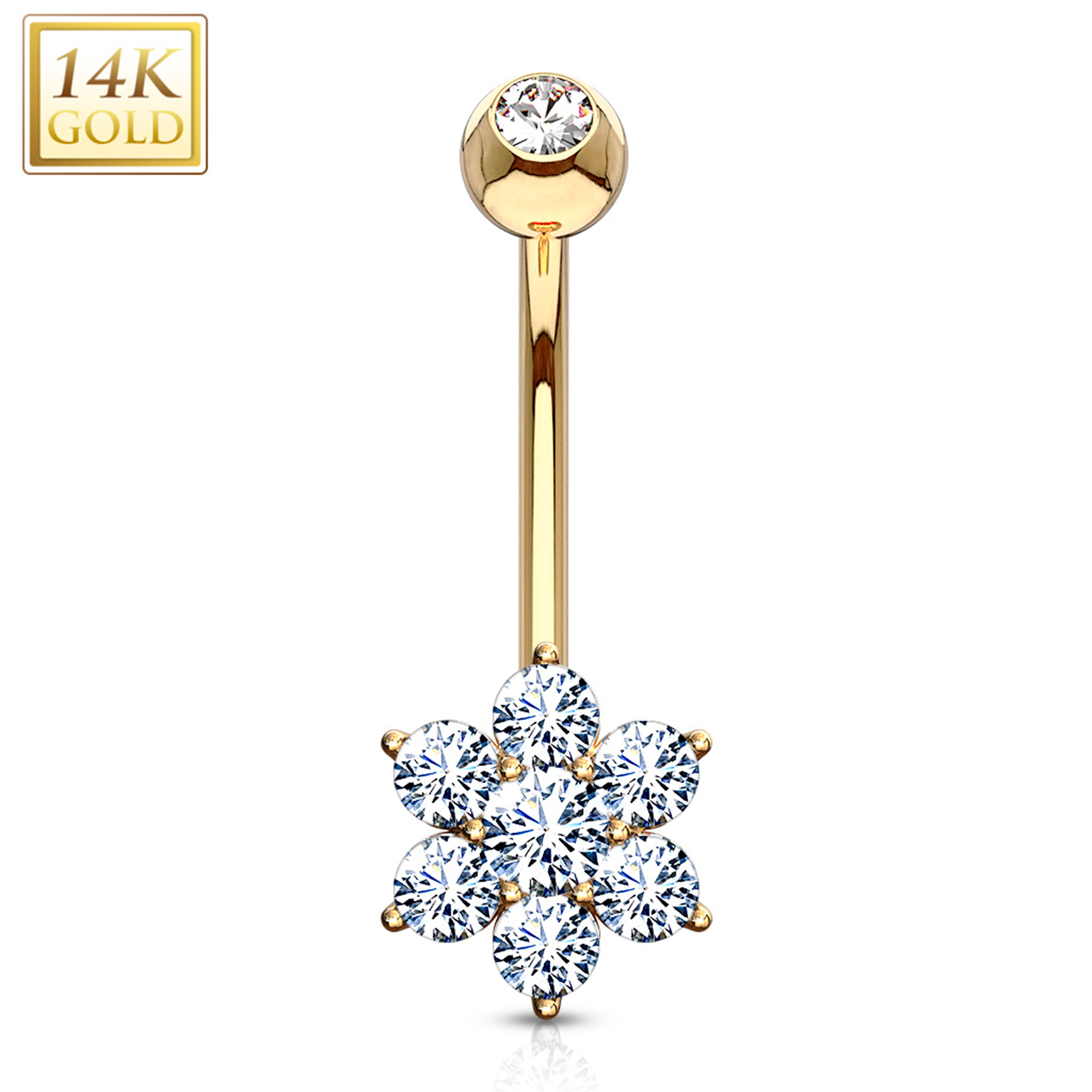 14kt Solid Yellow Gold Fancy Cubic Zirconia Flower Belly Ring
