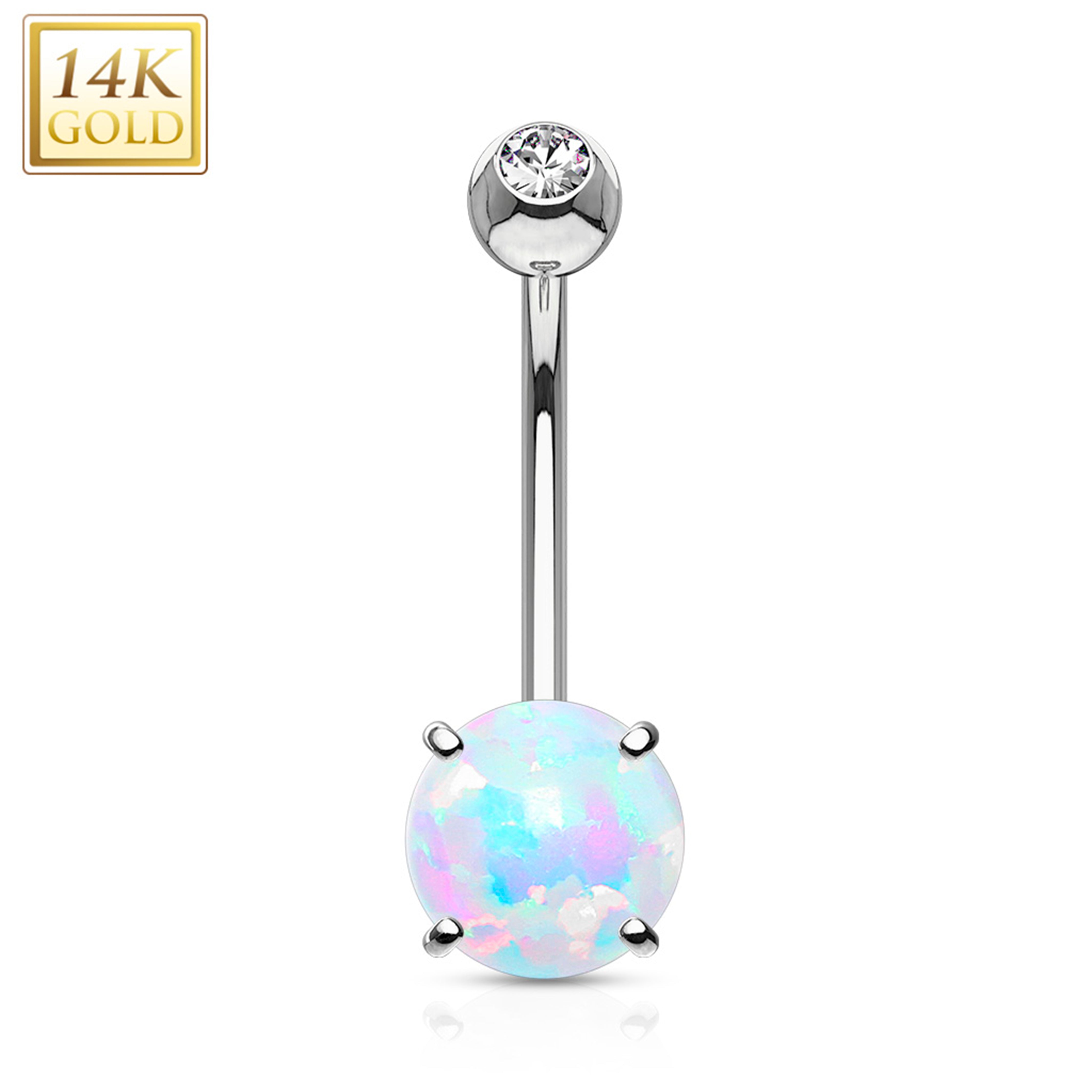 14kt Solid White Gold Regal CZ 6mm Synthetic Opal Belly Ring