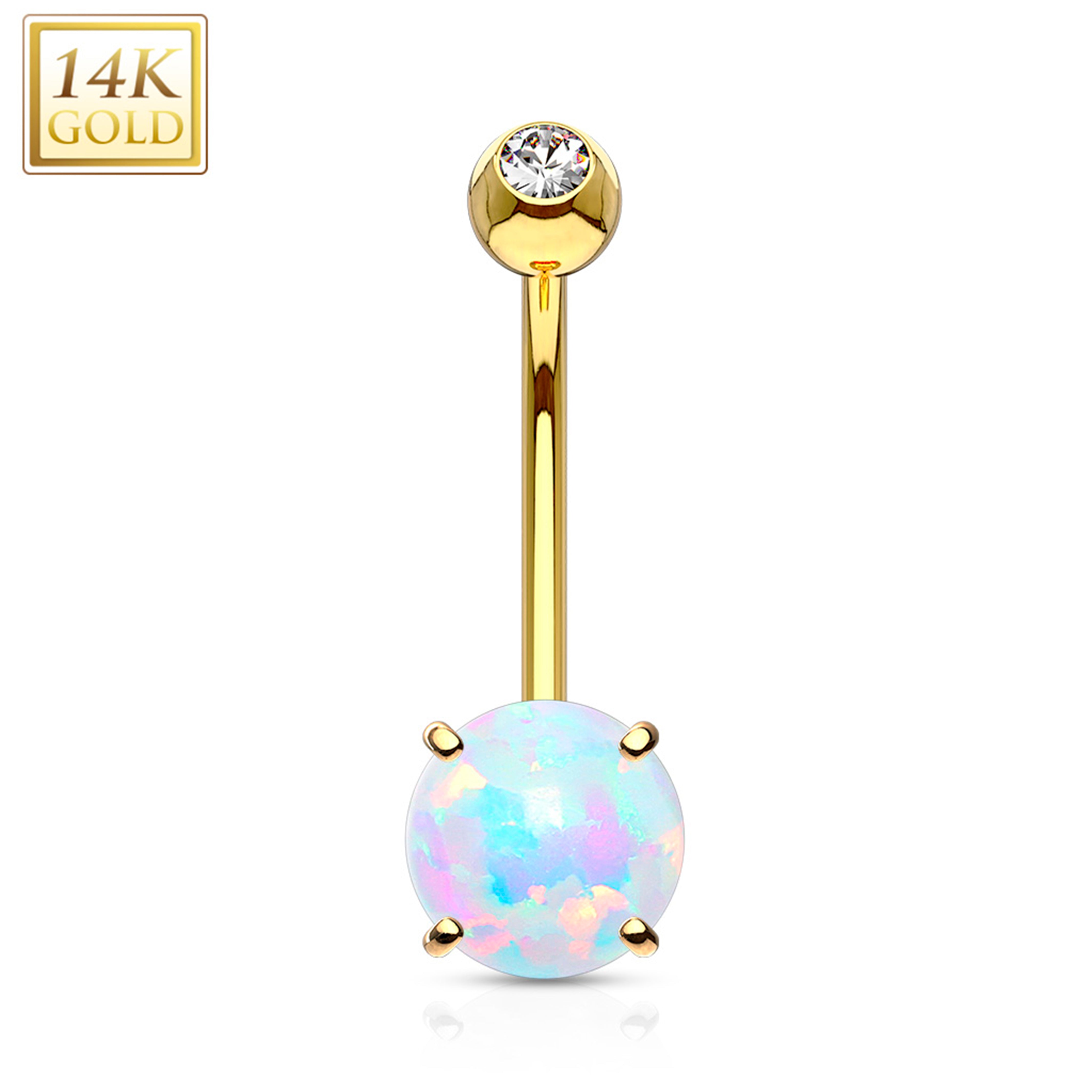 14kt Solid Yellow Gold Regal CZ 6mm Synthetic Opal Belly Ring