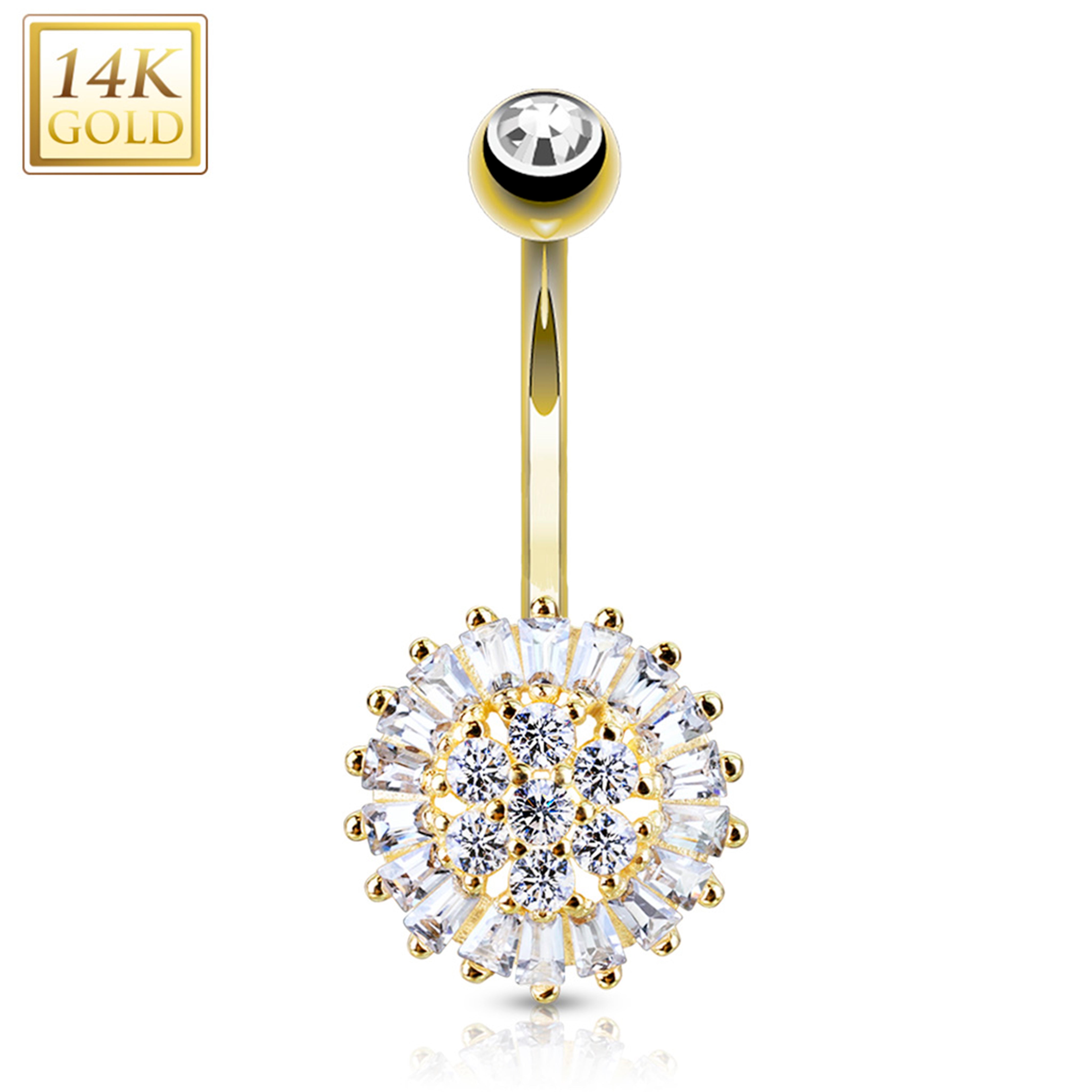14k Solid Yellow Gold Cubic Zirconia Sunflower Belly Ring