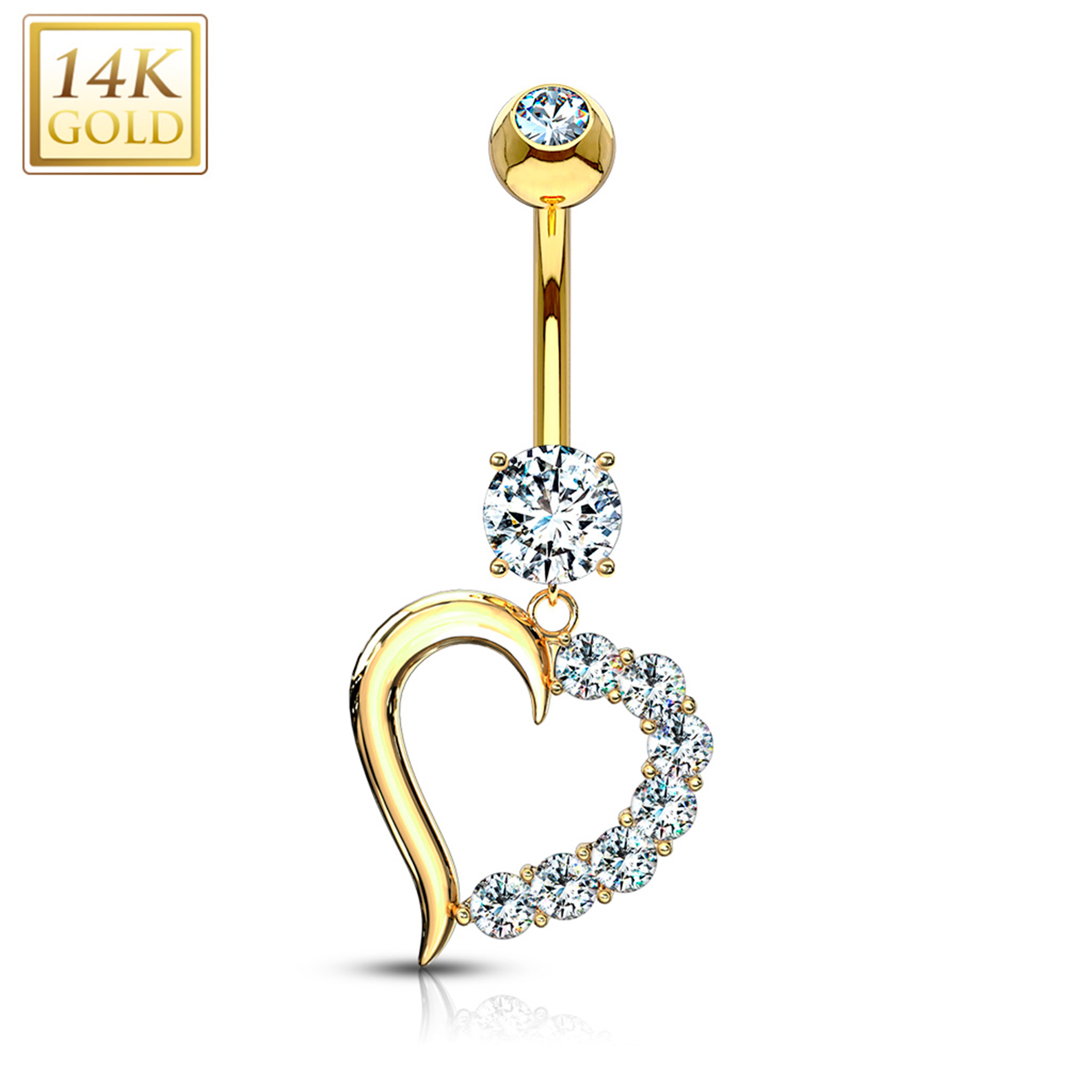 14kt Solid Yellow Gold CZ Posh Hollow Heart Dangle Belly Ring