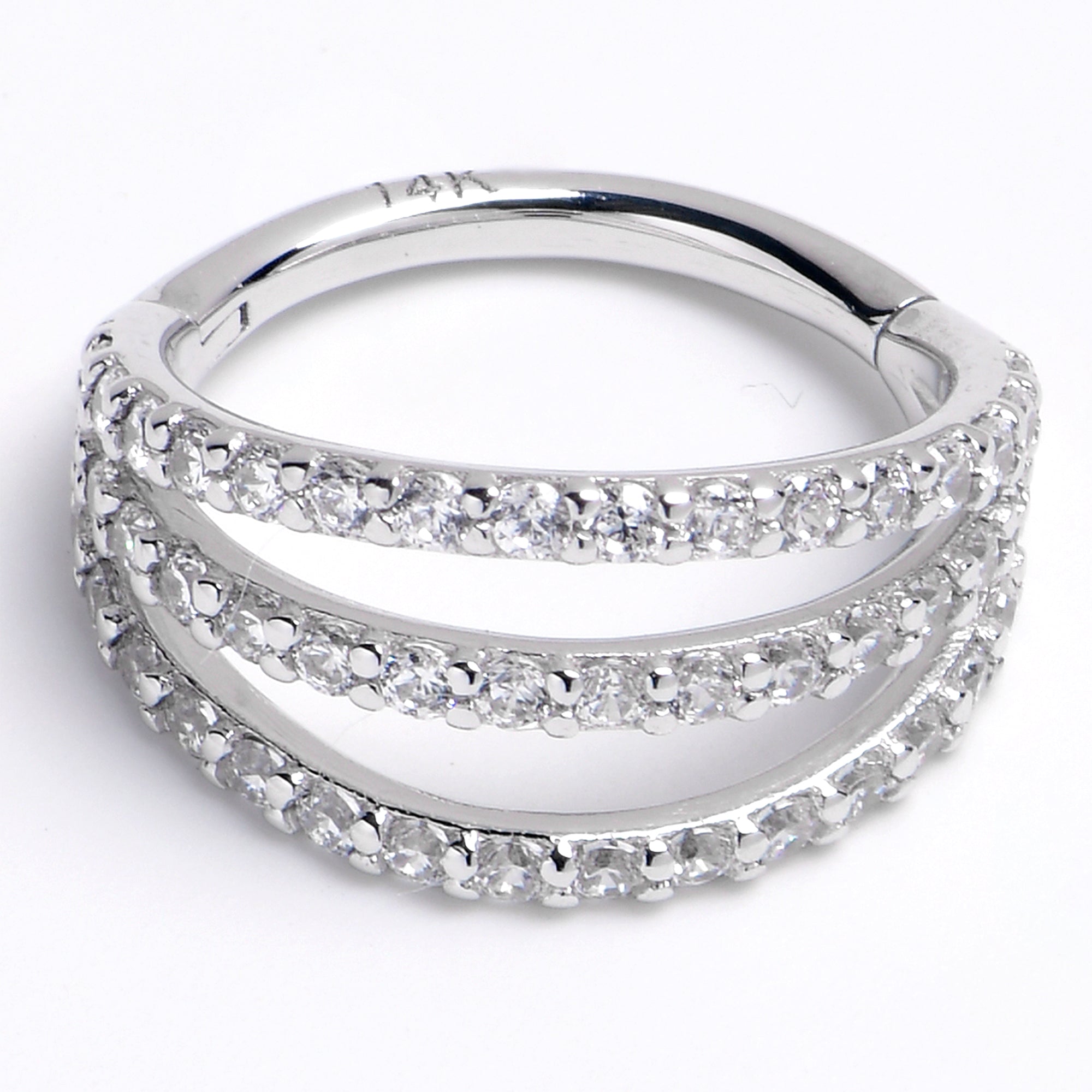 16G 3/8 Solid 14K White Gold Clear CZ Gem Row Hinged Segment Ring
