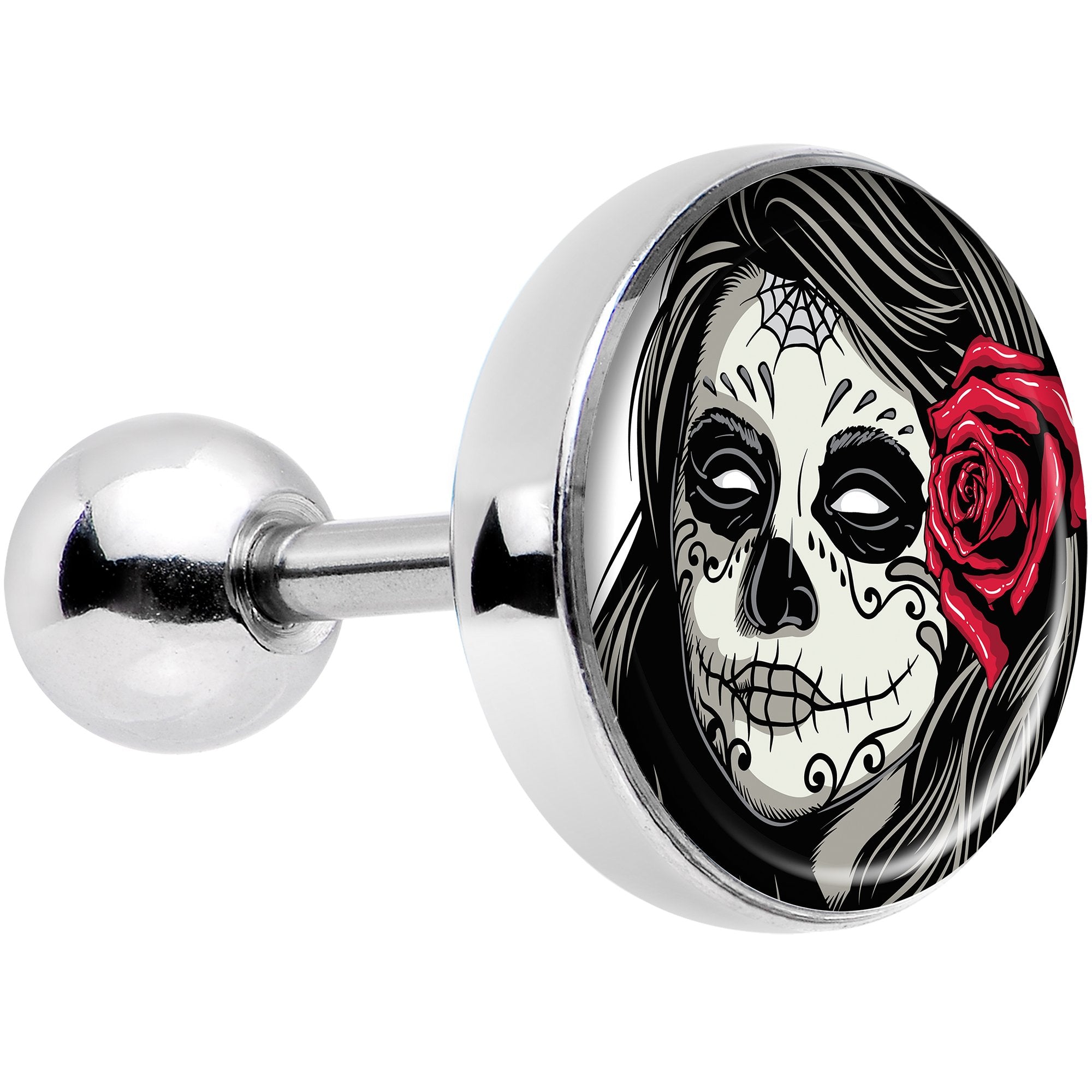 16G 1/4 Katrina Sugar Skull with Rose Flower Tragus Cartilage Earring