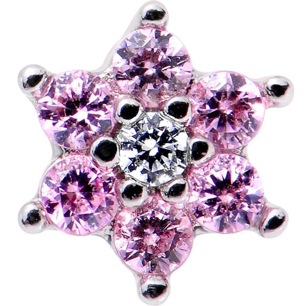 18G 1/4 Pink and Clear Cubic Zirconia Gem Flower Nose Bone