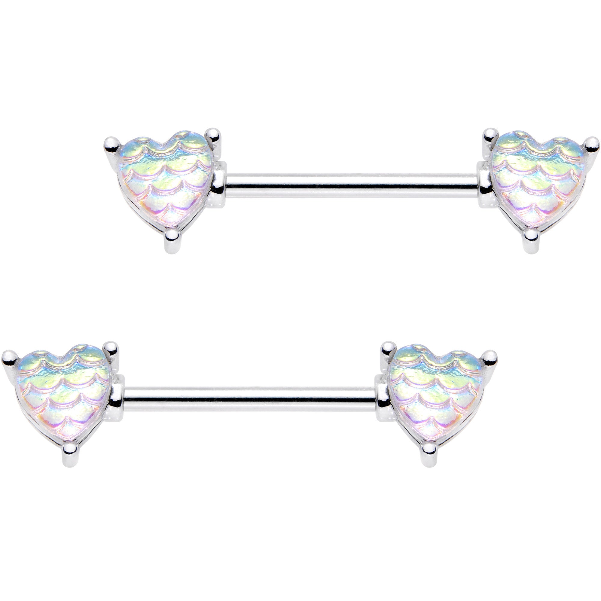 5/8 Iridescent White Mermaid Scale Heart Barbell Nipple Ring Set
