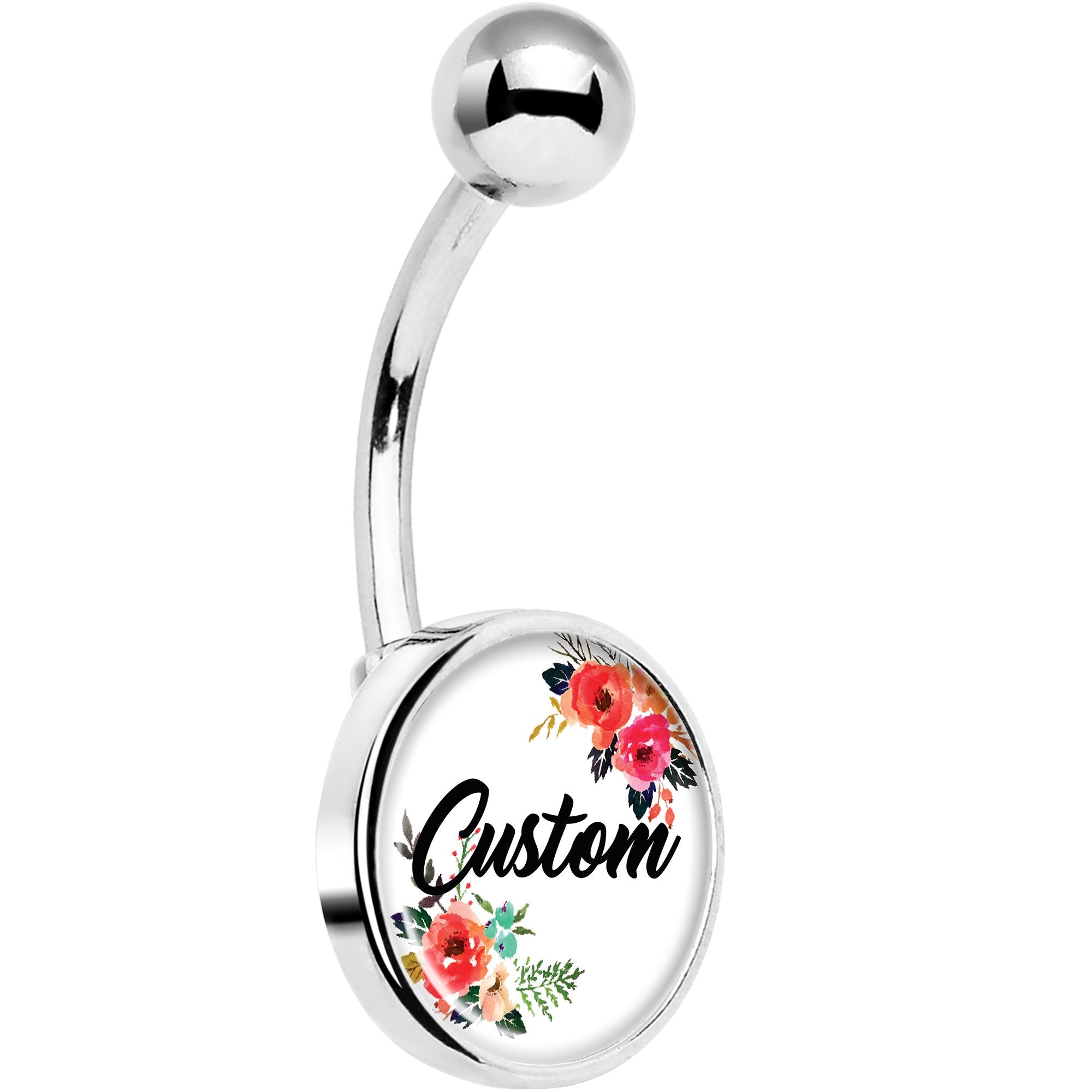 Custom Floral Personalized Name Hypoallergenic Stainless Steel Belly Ring