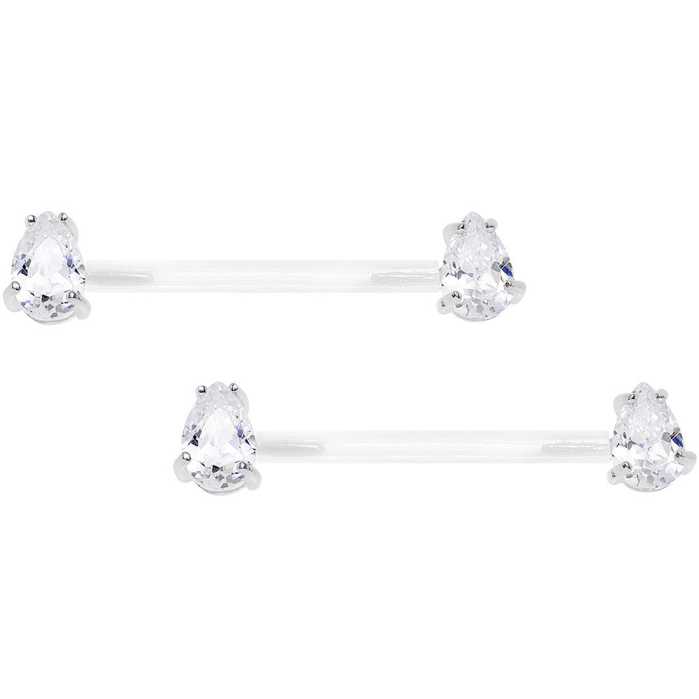 13/16 925 Silver Clear Gem Bioplast Teardrop Nipple Ring Set