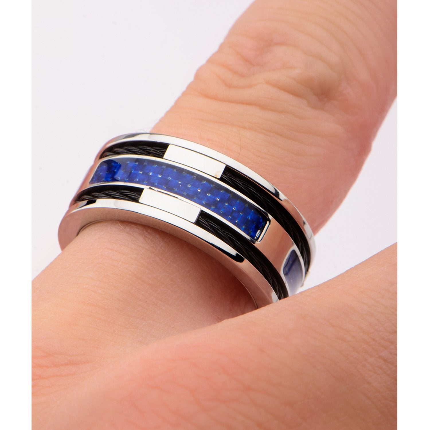 Mens Blue Carbon Fiber with Black Cable Steel Inlayed Stainless Steel Ring