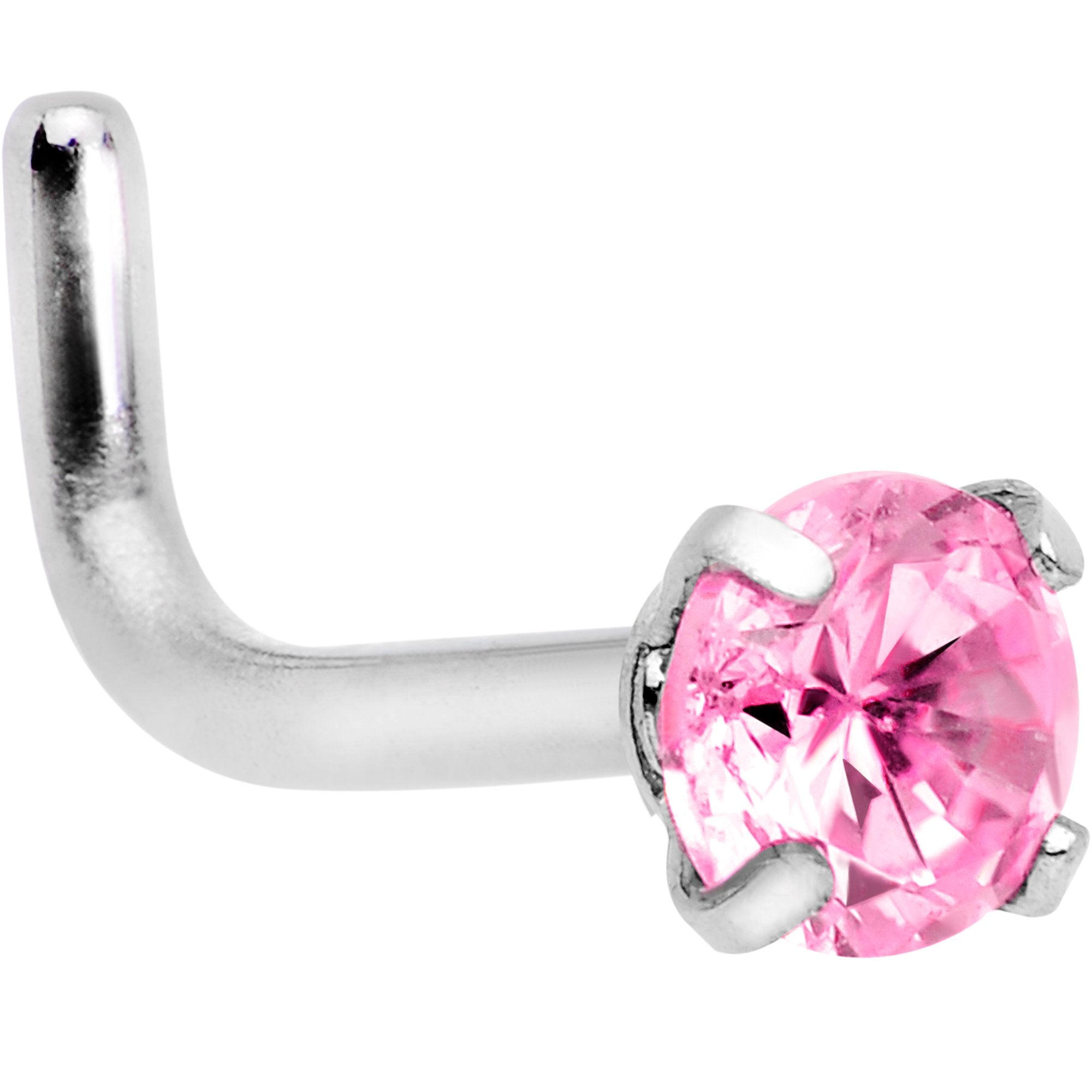 18 Gauge 1/4 Pink 3mm CZ Gem Steel L-Shape Nose Ring