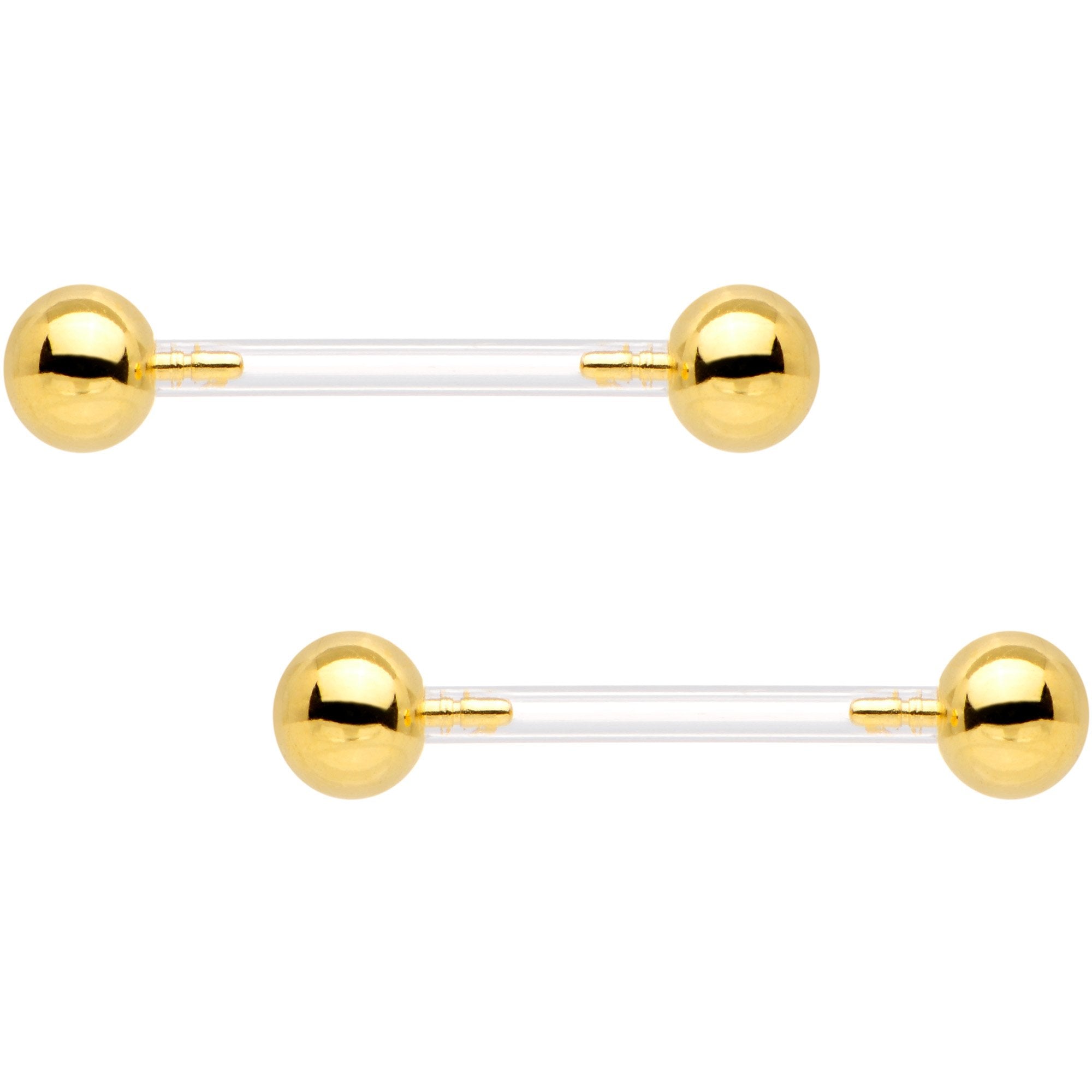 9/16 Clear Bioplast Barbell Gold Tone Push In Ball Nipple Ring Set