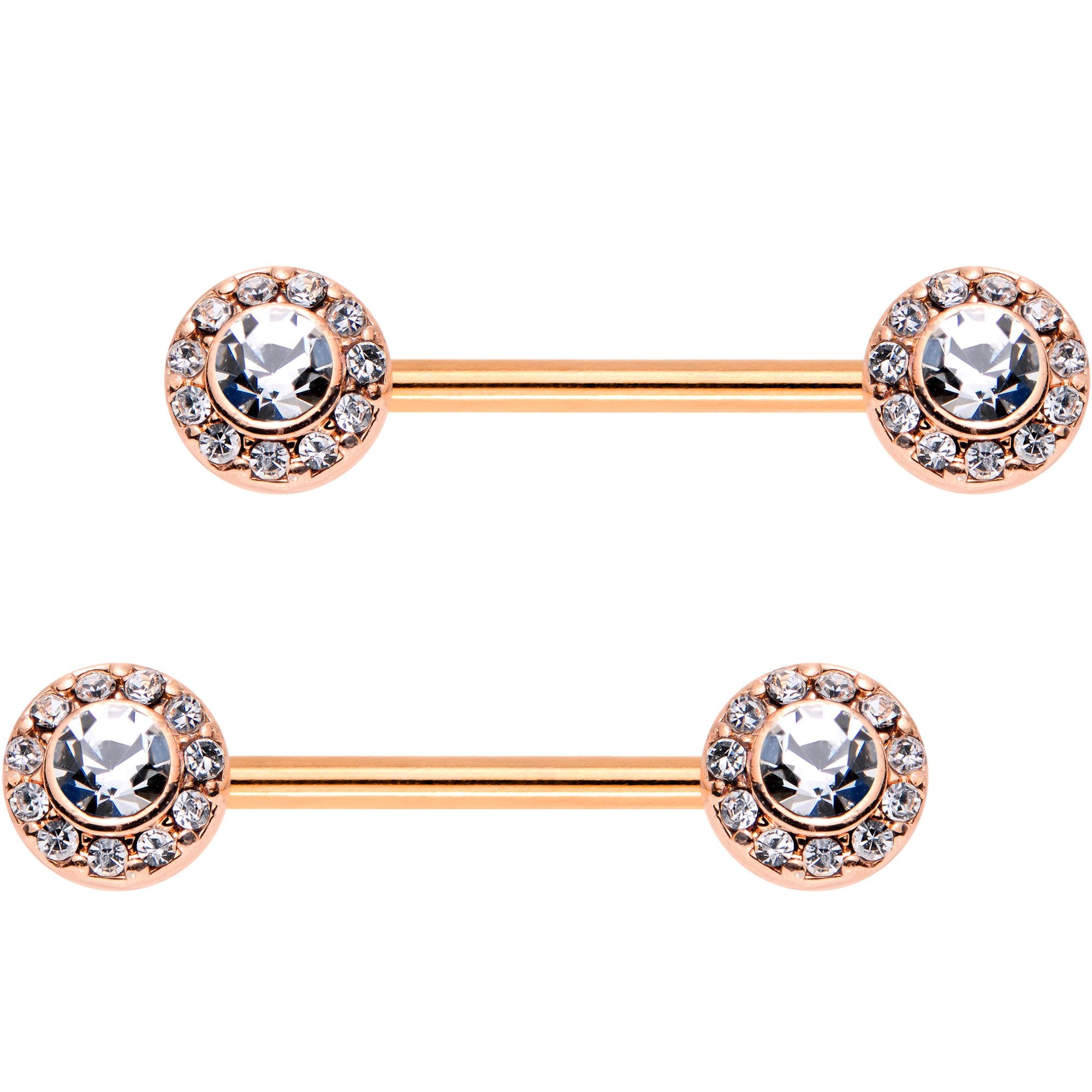 9/16 Clear Gem Rose Gold Plated Bejeweled Barbell Nipple Ring Set