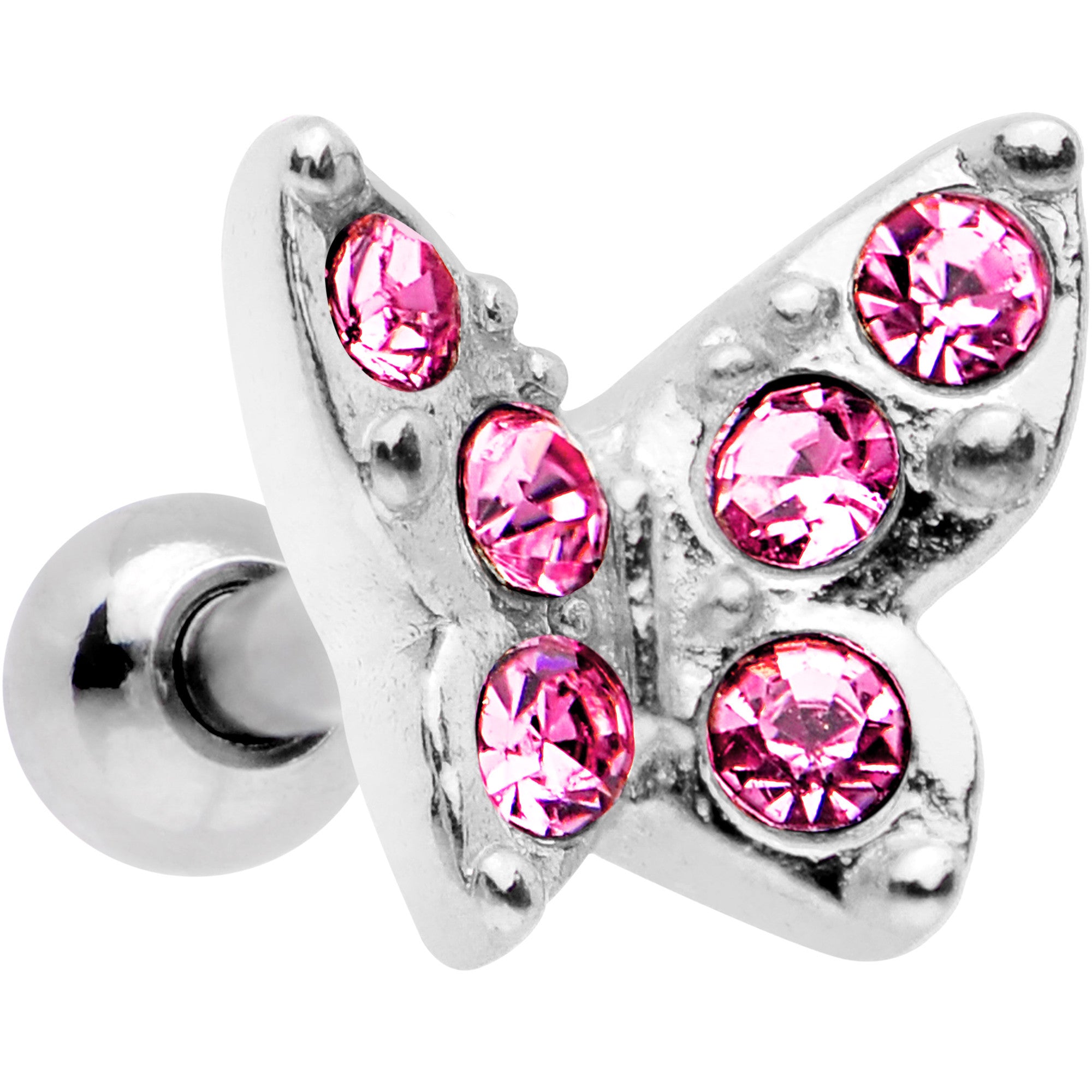 16G Pink Gem Silver Tone Butterfly Tragus Cartilage Earring