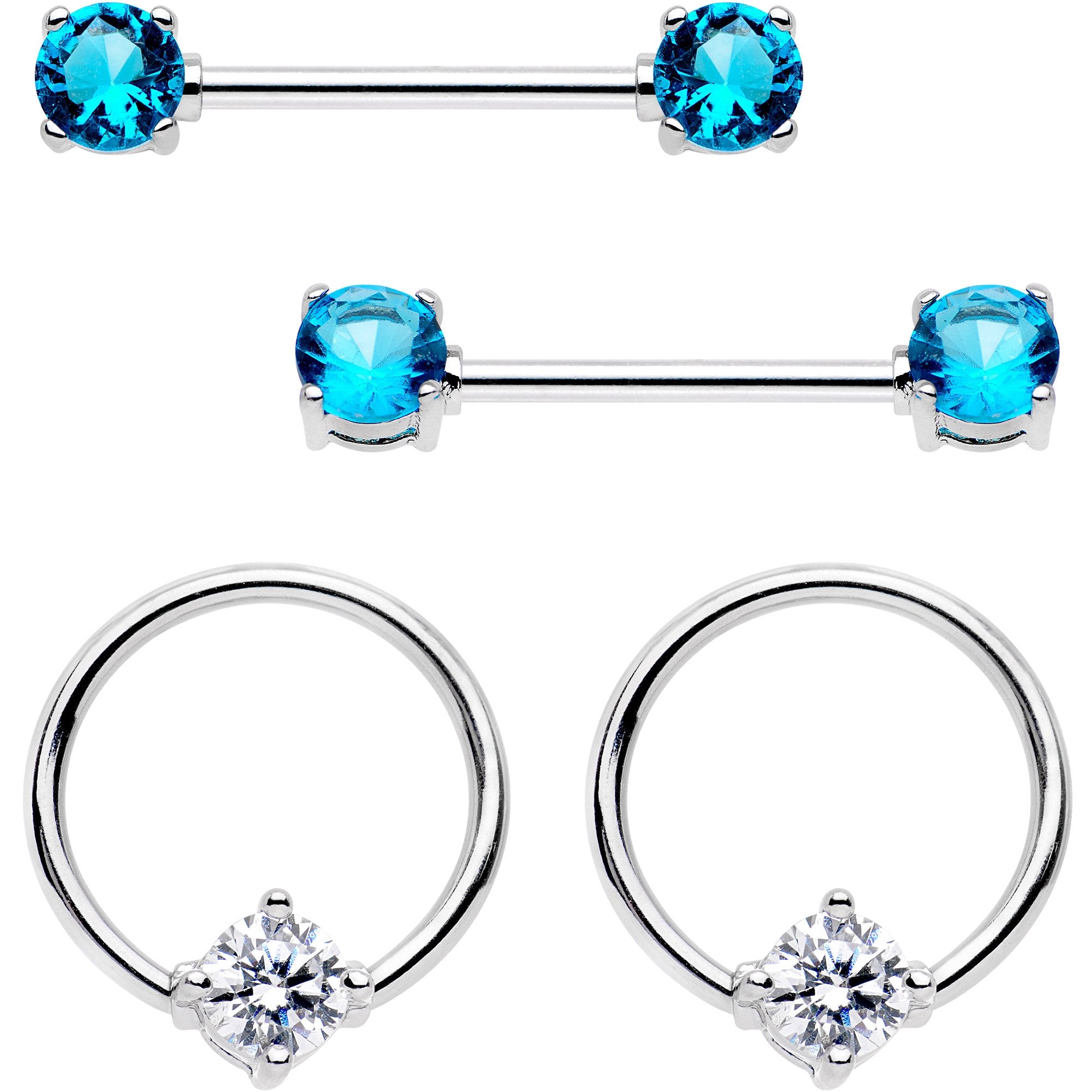 5/8 Blue Clear Gem Captive Ring Straight Barbell Nipple Ring Set