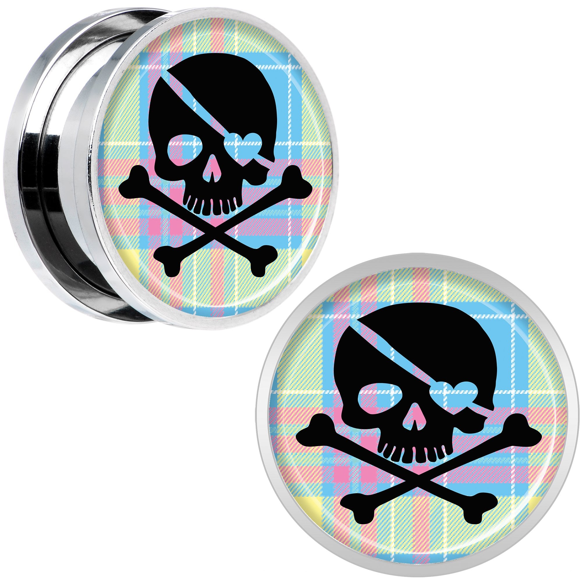 Pink Green Plaid Heart Skull Steel Screw Fit Plug Set 18mm