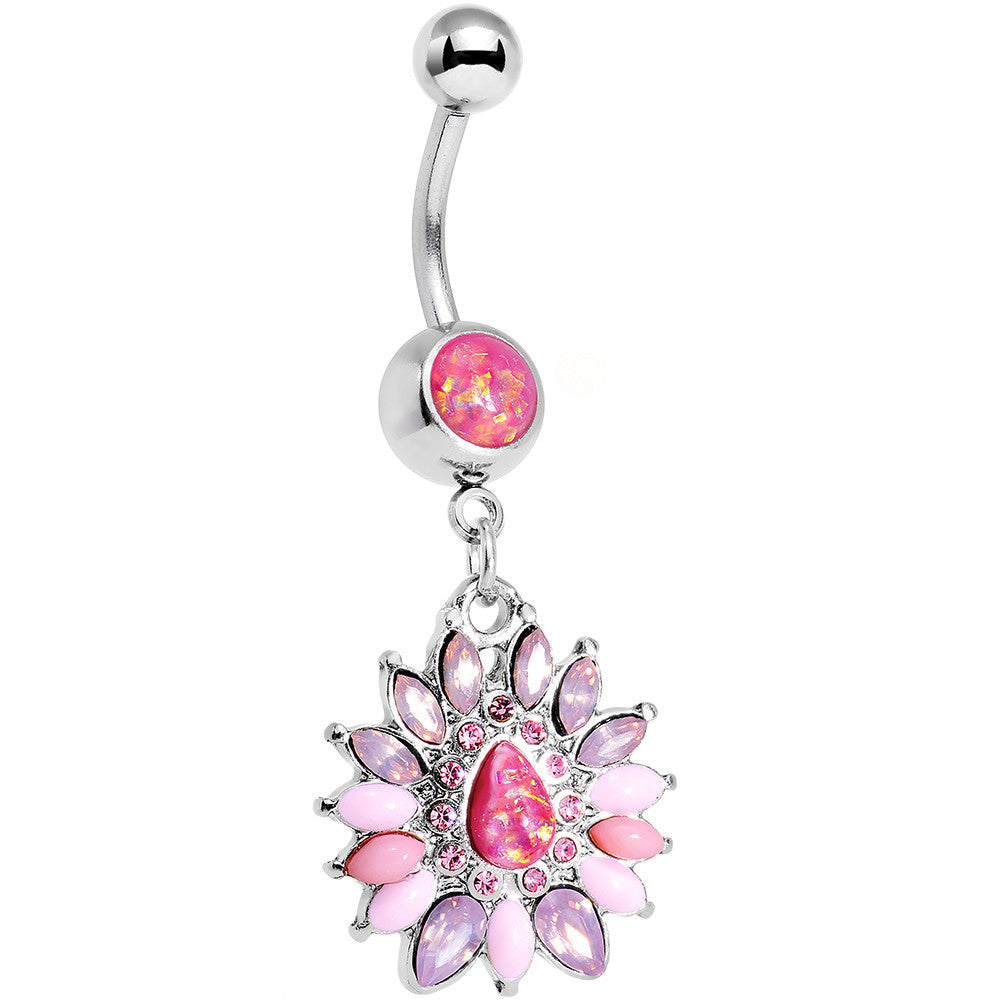 Pink Faux Opal Dewdrop Flower Dangle Belly Ring