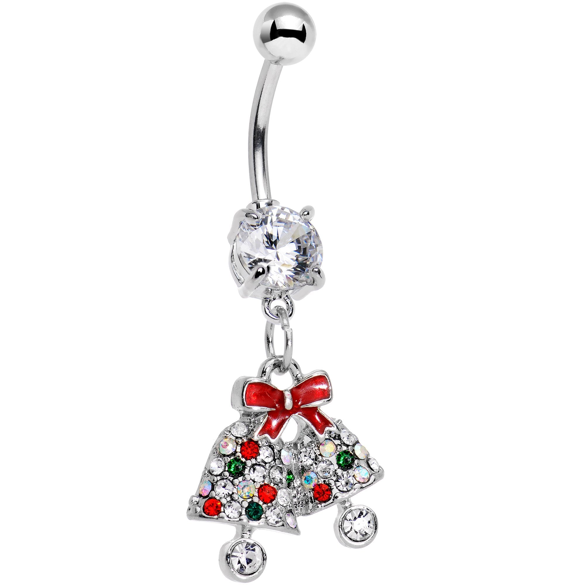 Clear Gem Red Bow Ring Ding Ding Christmas Bells Dangle Belly Ring