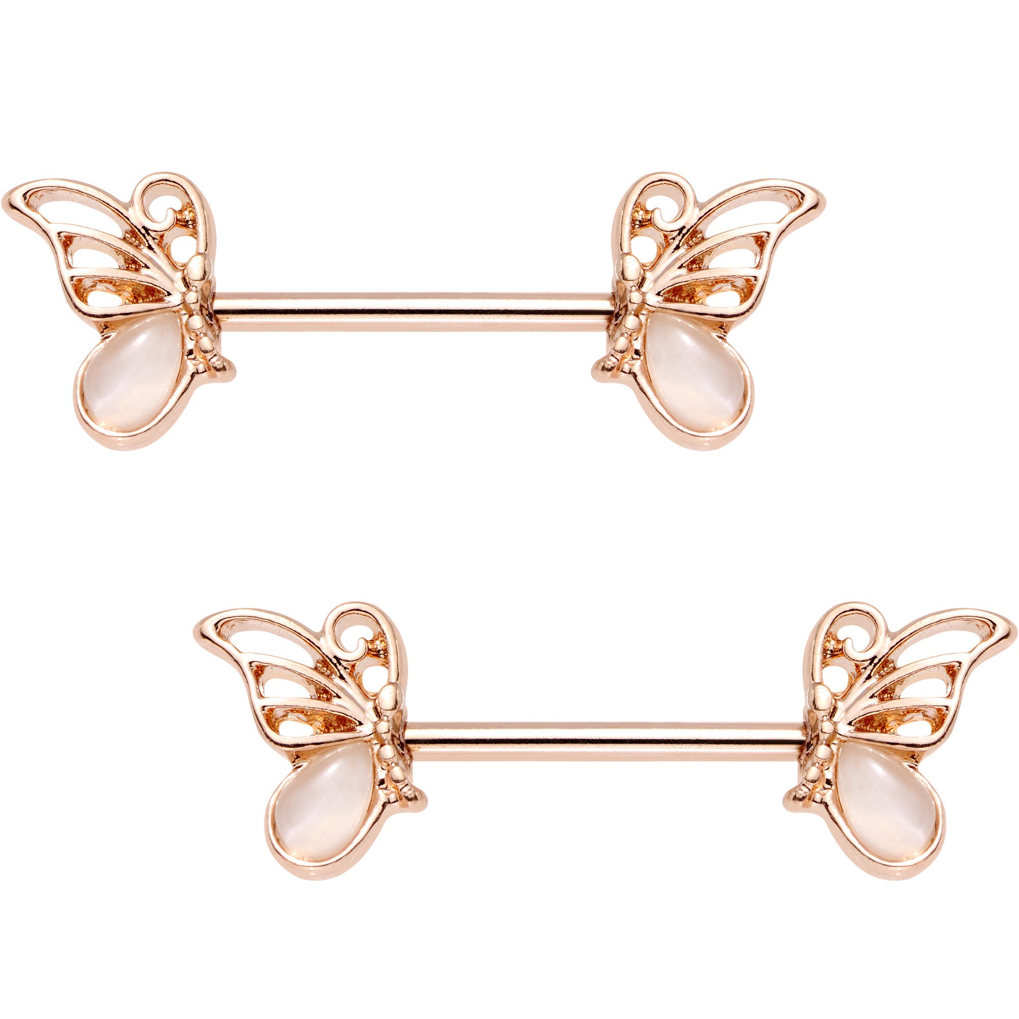 Pink Gem Rose Gold Anodized Butterfly Frame Barbell Nipple Ring Set