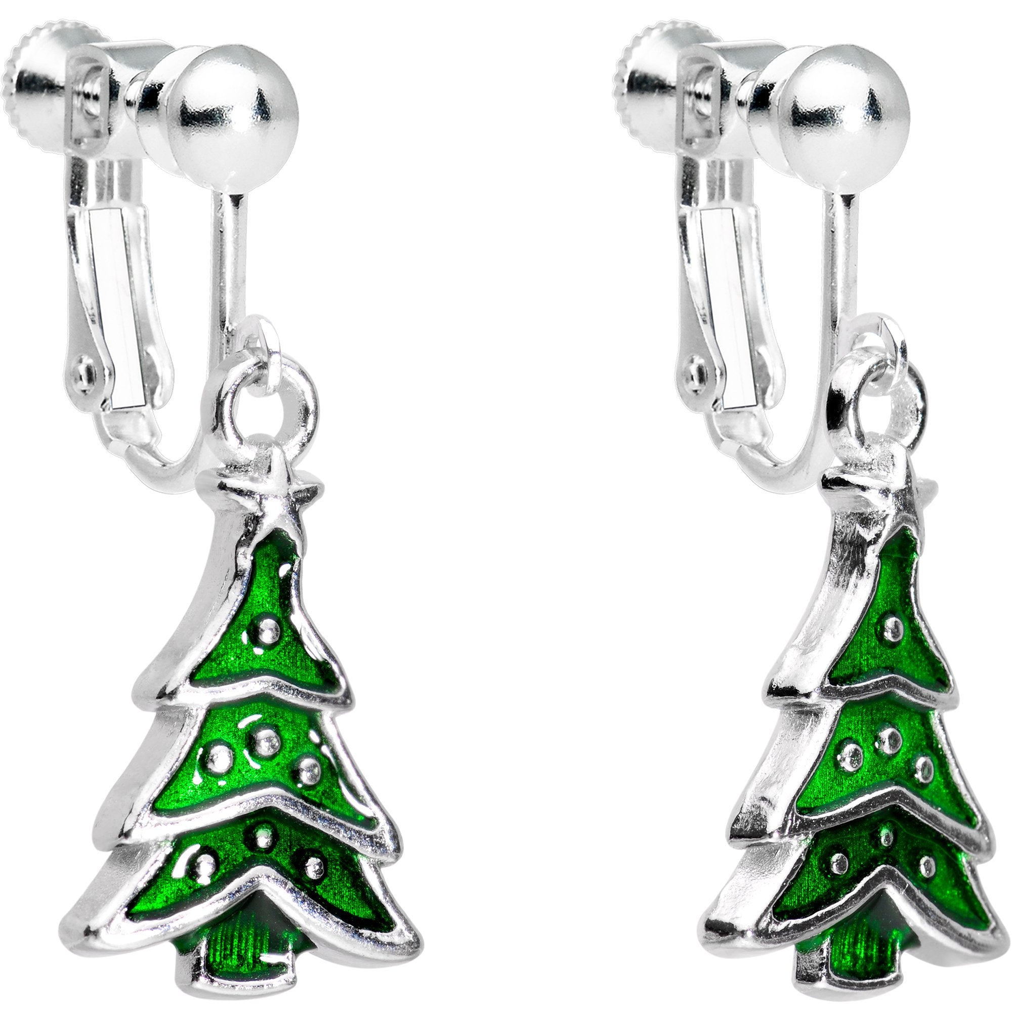Silver Plated Classic Christmas Tree Dangle Clip On Earrings