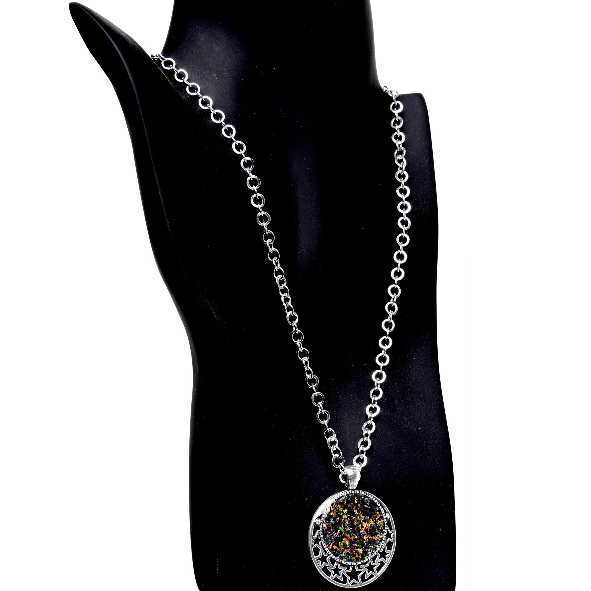 Handmade Black Faux Opal Starry Universe Silver Plated Chain Necklace