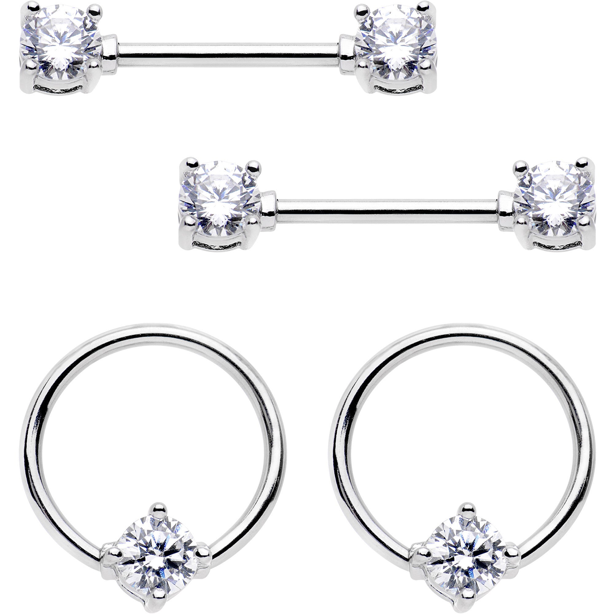 14G 9/16 Clear Gem BCR Captive Ring Barbell Nipple Ring Set