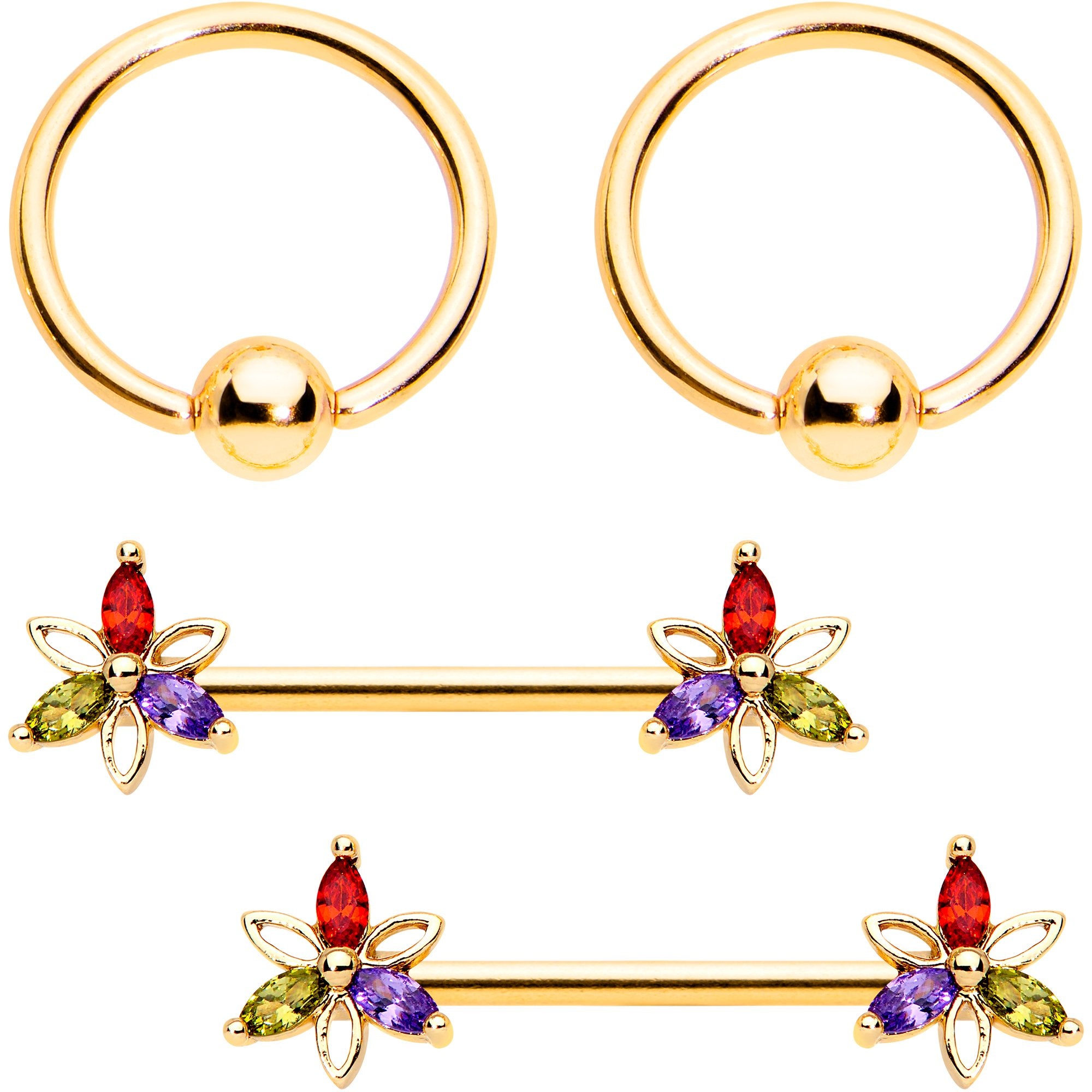 14G Rainbow Gem Star Gold Tone BCR Ring Barbell Nipple Ring Set