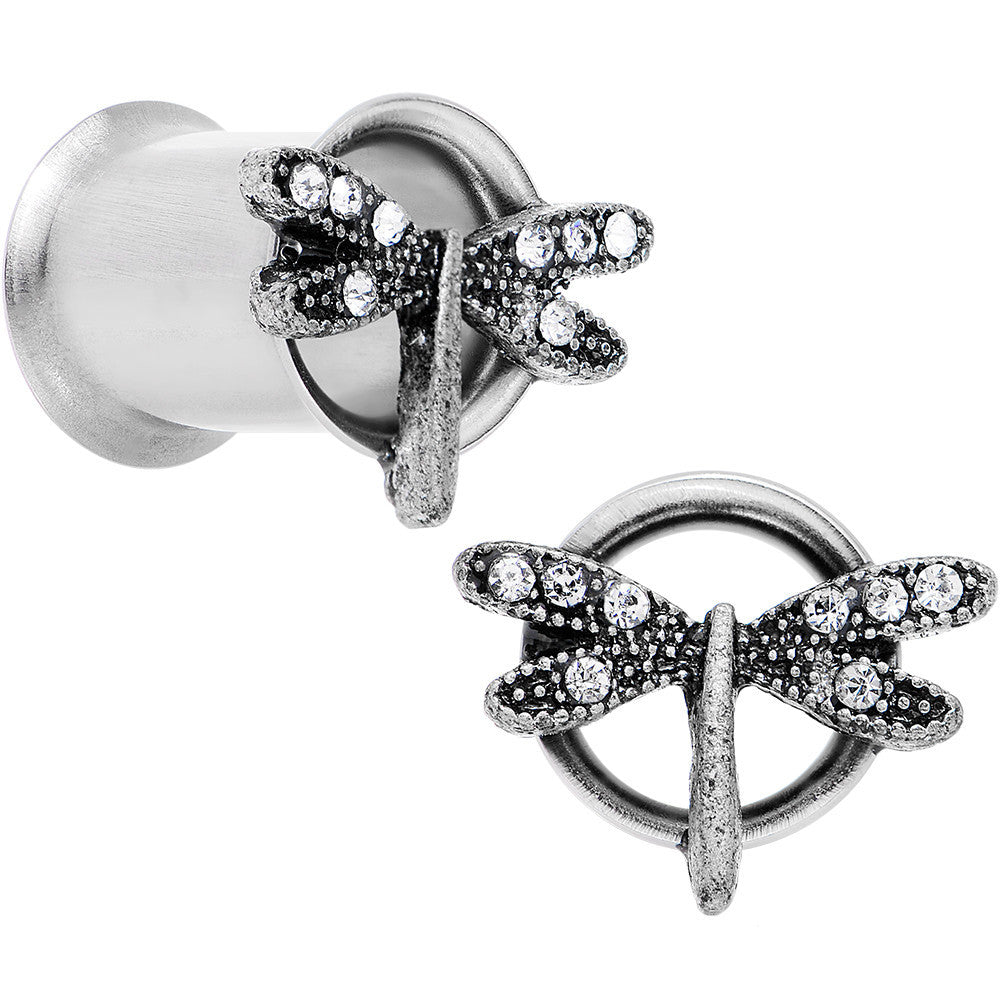 0G Clear Gem Steel Hi Sky Dragonfly Double Flare Tunnel Plug Set