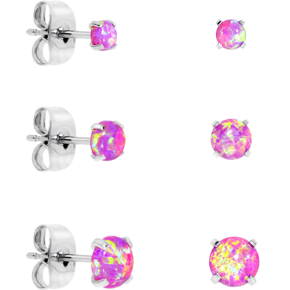 Pink Synthetic Opal Stainless Steel Post Stud Earring Pack Set of 3